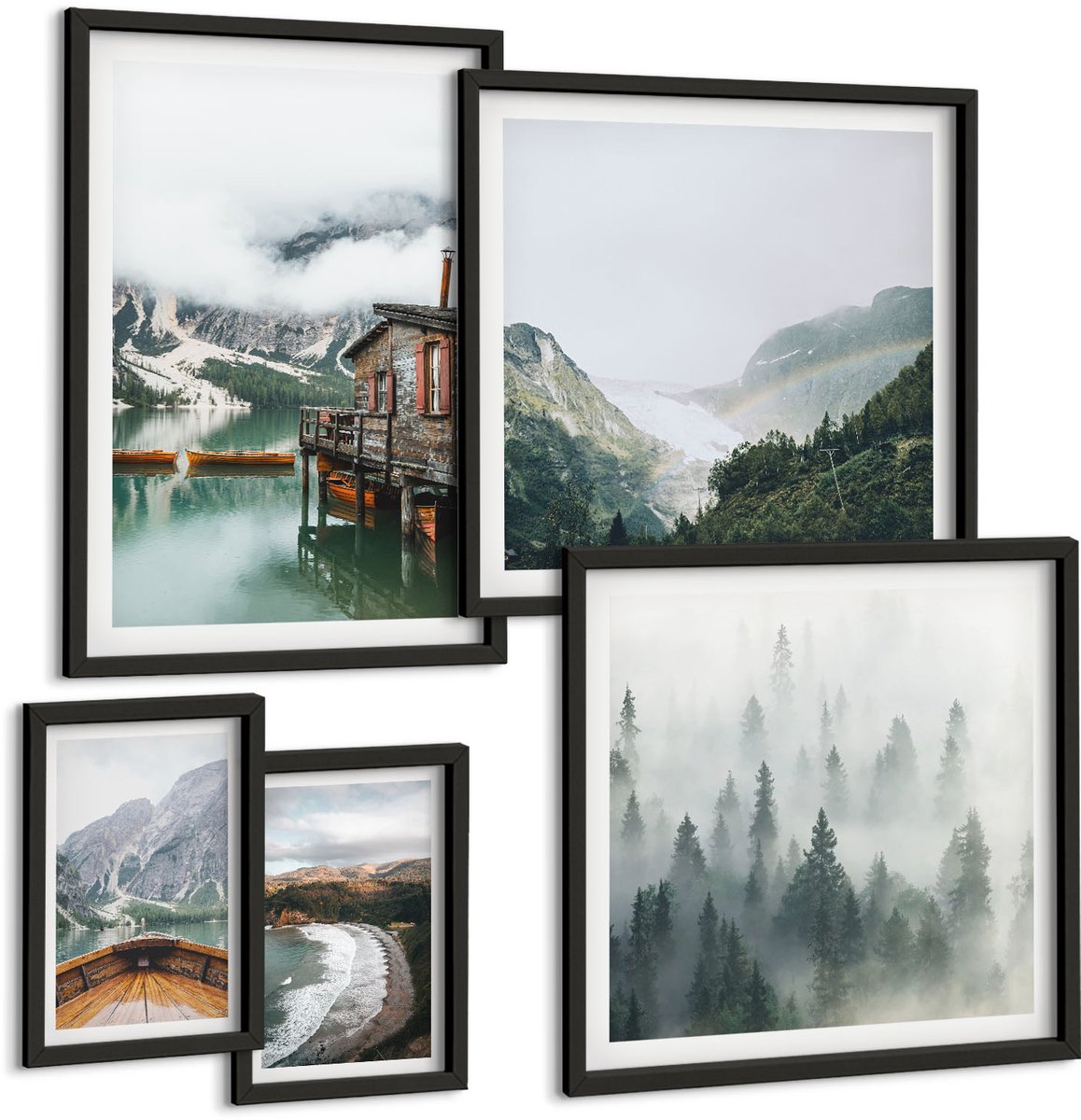 Tulup 4-Delige Schilderij Set - Berglandschappen met huisjes aan het water en in de bossen. - 50 x 50 cm, 20 x 30 cm en 40 x 60 cm - Schilderijen Set - Wanddecoratie - Woonkamer