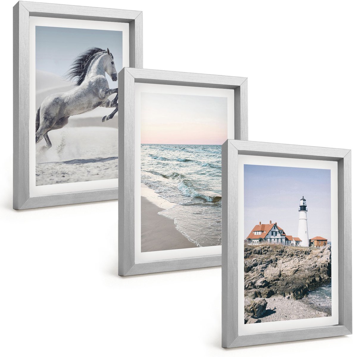 Tulup 4-Delige Schilderij Set - Paarden in beweging, strand en vuurtoren, watergolven - 20 x 30 cm - Stijlvolle Muurdecoratie - Slaapkamer - Wanddecoratie