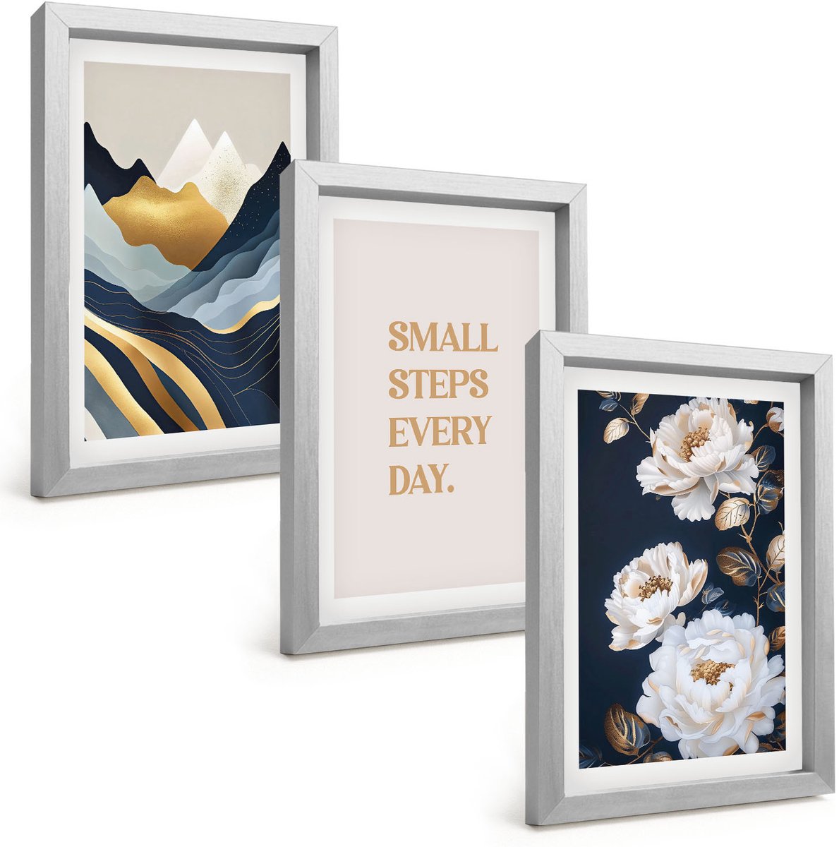 Tulup 4-Delige Schilderij Set - Abstracte bergen, bloemen en inspirerende letters - 20 x 30 cm - Muurdecoratie - Decoratieve Schilderijen - Wohnzimmer