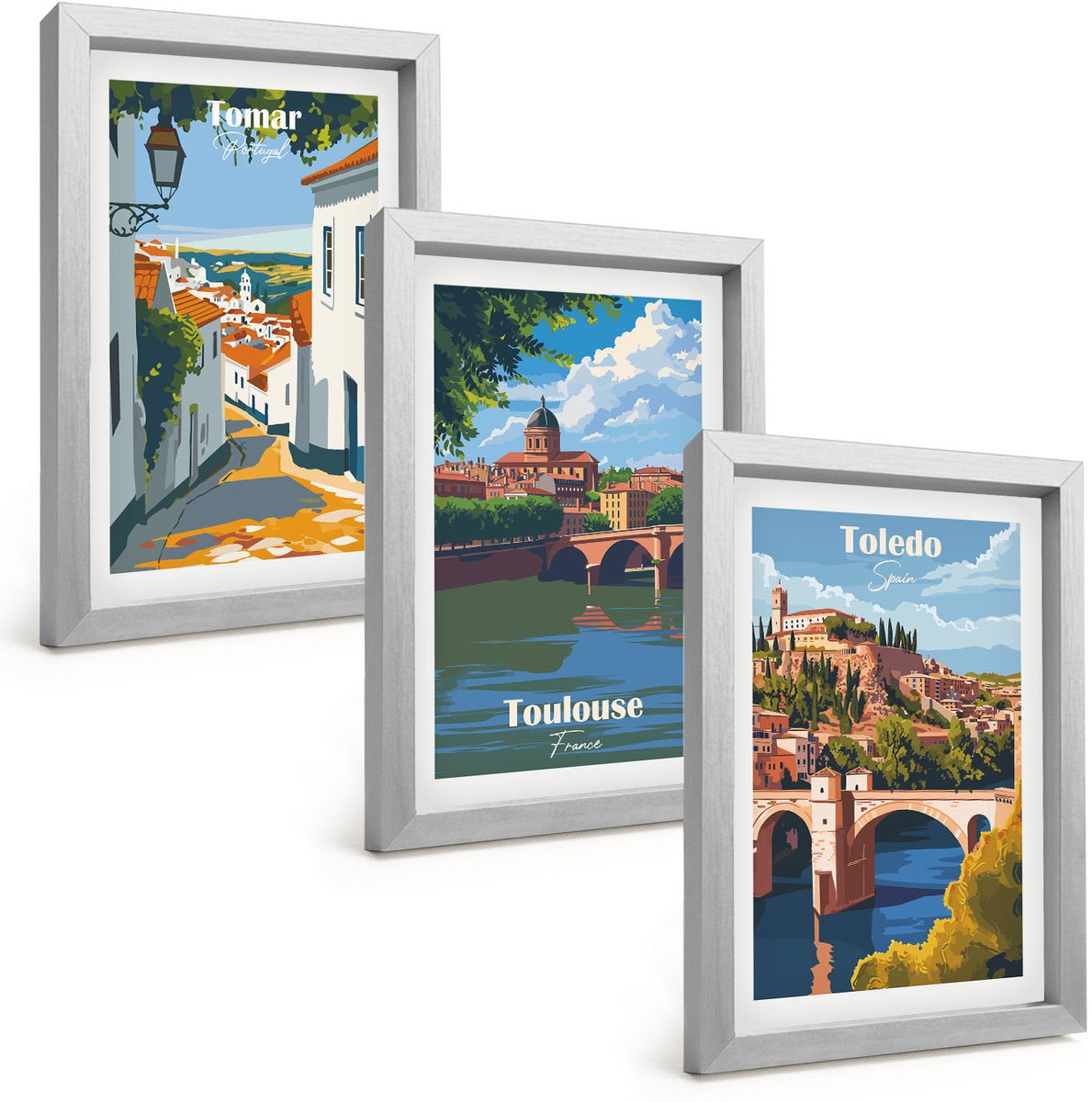 Tulup 4-Delige Schilderij Set - Grafische afbeeldingen van beroemde steden in retrostijl - 20 x 30 cm - Moderne Wanddecoratie - Slaapkamer - Interieur Decoratie