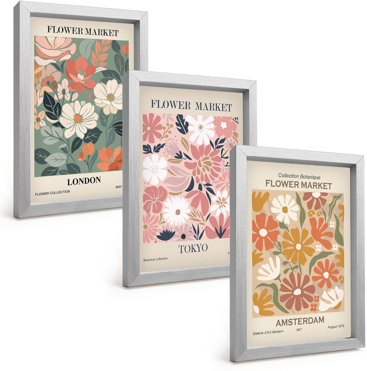 Tulup 4-Delige Schilderij Set - Posters met bloemenpatronen uit Londen, Tokio en Amsterdam - 20 x 30 cm - Wanddecoratie - Moderne Interieurdecoratie - Decoratieve Schilderijen