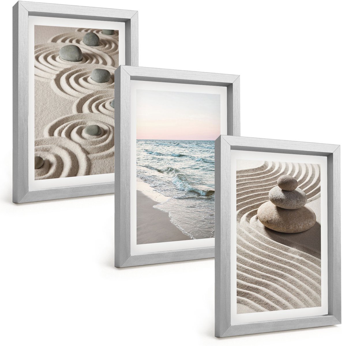 Tulup 4-Delige Schilderij Set - Rustig zand en kabbelend water met kiezels op het strand. - 20 x 30 cm - Wanddecoratie - Schilderijen Set - Kantoor - Decoratieve Schilderijen