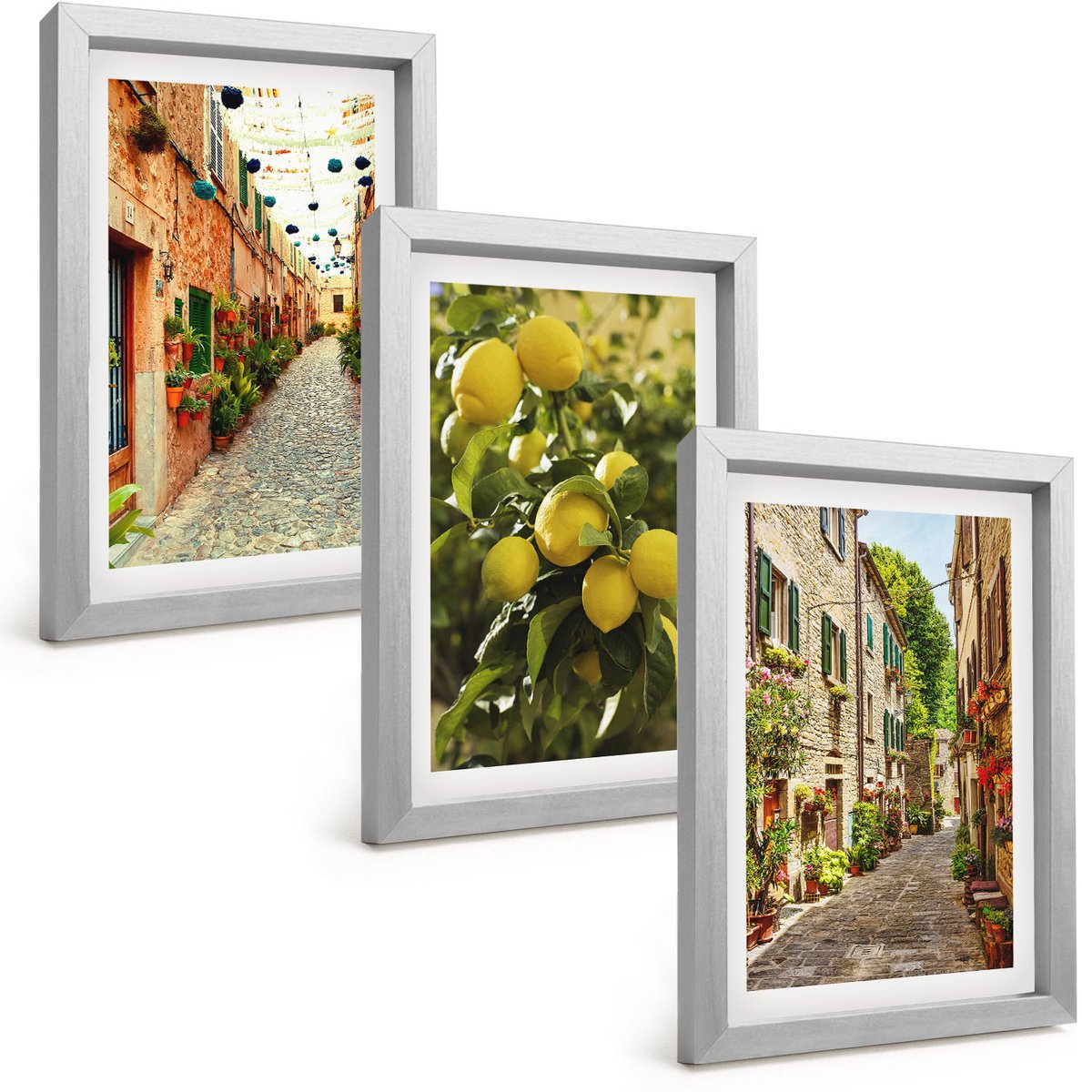 Tulup 4-Delige Schilderij Set - Sfeervolle straatjes met bloemen en citroenen op de achtergrond. - 20 x 30 cm - Moderne Wanddecoratie - Slaapkamer - Woonkamer Decoratie