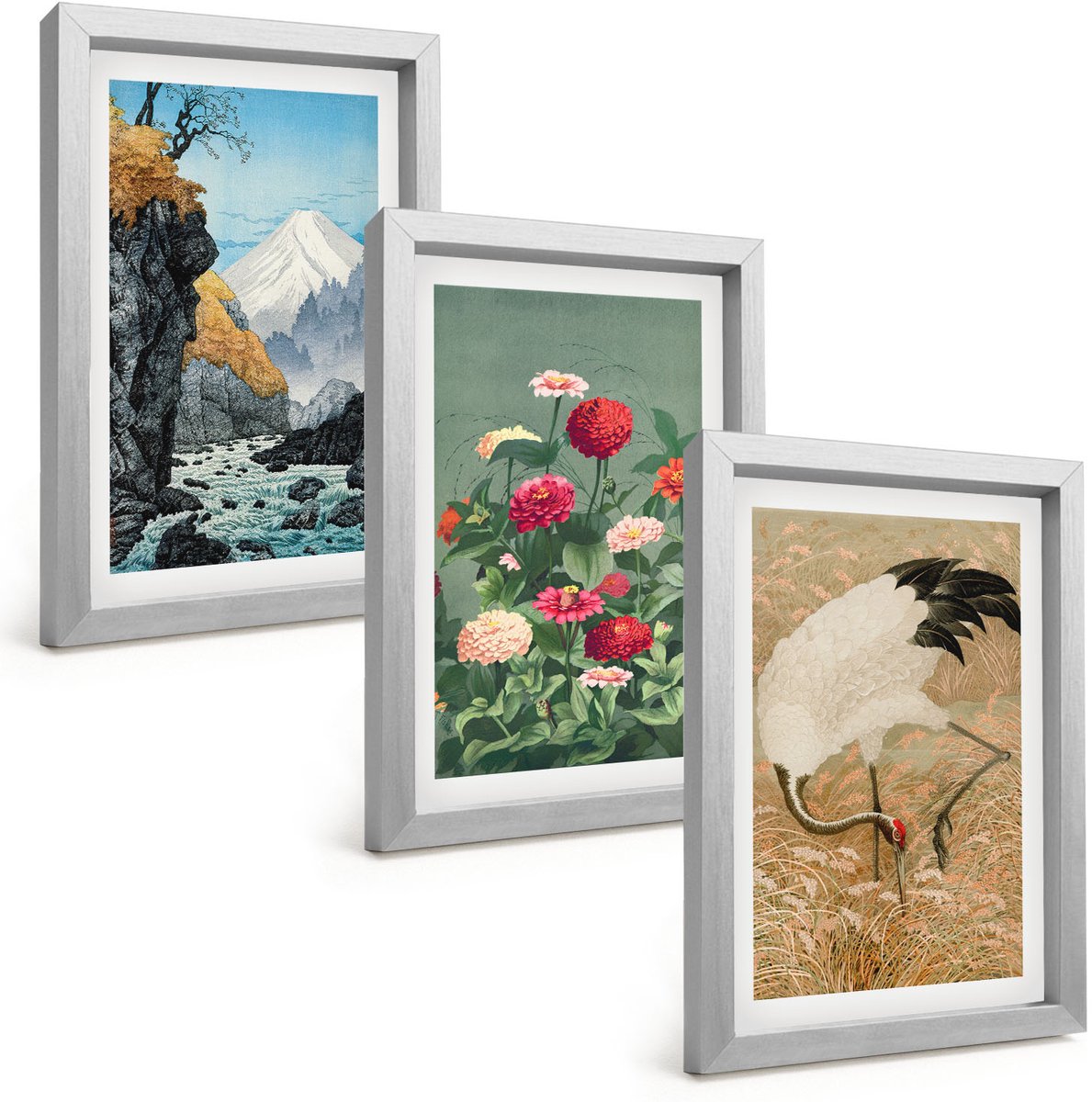 Tulup 4-Delige Schilderij Set - Bergen in het landschap, een rivier, bloemen en kraanvogels in het gras. - 20 x 30 cm - Muurdecoratie - Schilderijen Set - Woonkamer - Decoratieve Schilderijen