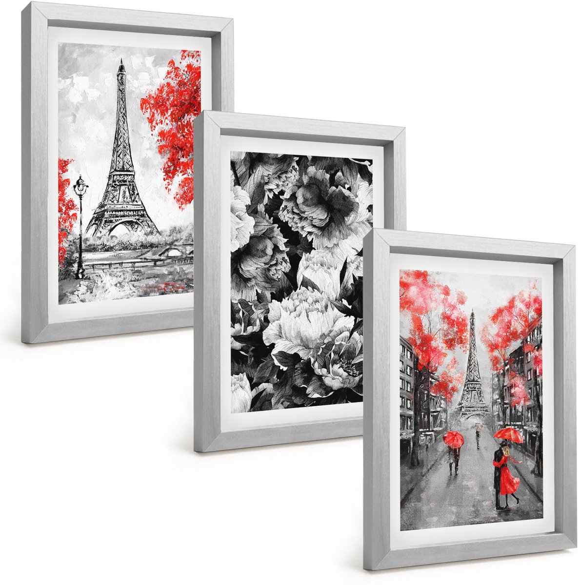 Tulup 4-Delige Schilderij Set - Eiffeltoren in grijs met rode accenten - 20 x 30 cm - Muurdecoratie - Interieur Decoratie - Woonkamer Decoratie