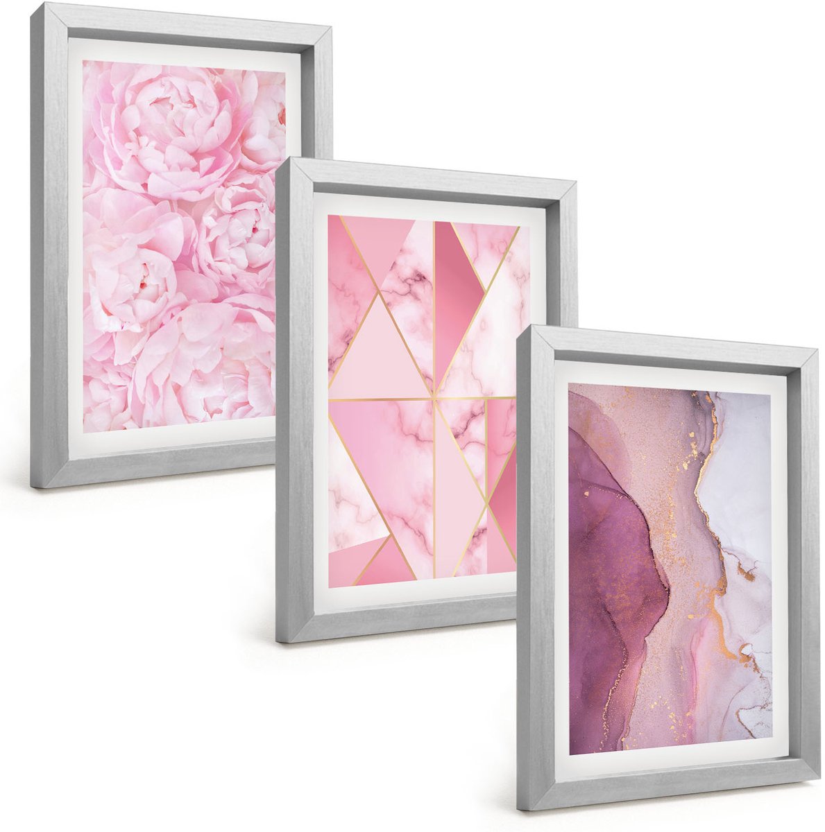 Tulup 4-Delige Schilderij Set - Roze pioenrozen met geometrische patronen - 20 x 30 cm - Decoratieve Muurdecoratie - Slaapkamer - Woonkamer Decoratie