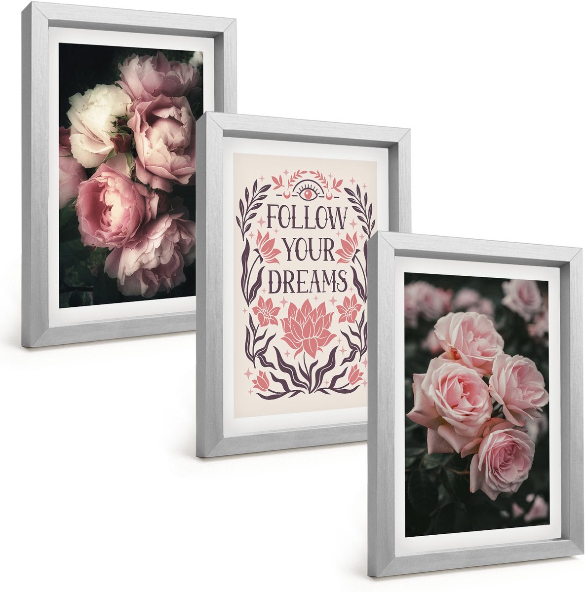 Tulup 4-Delige Schilderij Set - Vintage rozen met de inscriptie 'Over dromen'. - 20 x 30 cm - Moderne Wanddecoratie - Woonkamer - Stijlvolle Muurdecoratie