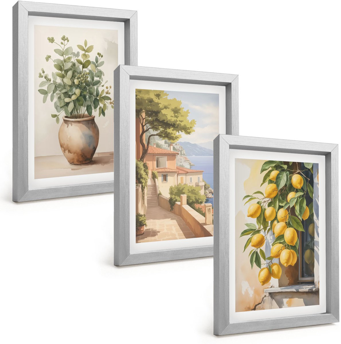 Tulup 4-Delige Schilderij Set - Bloemen in een vaas met uitzicht op zee en citroenen - 20 x 30 cm - Wanddecoratie - Schilderijen Set - Kantoor - Woonkamer Decoratie