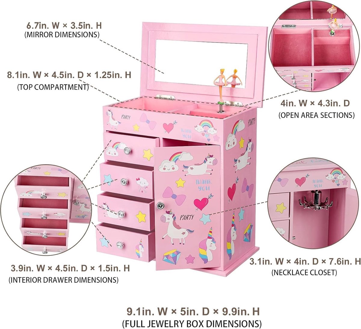 Sieradenkist voor meisjes met 5 niveaus - draaideur - draaiende ballerina en eenhoorn - veilig opbergen van sieraden