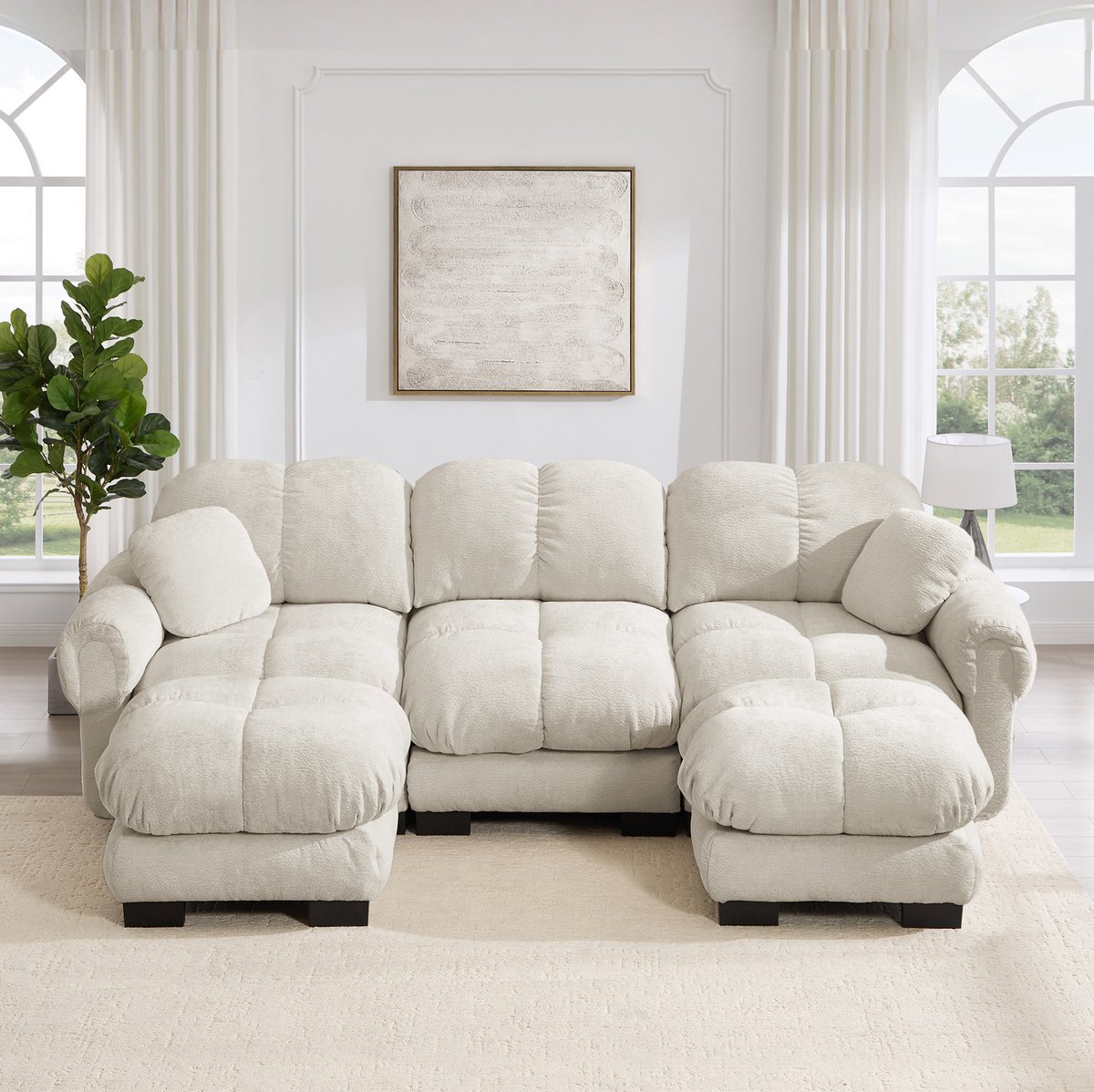MODENUIT U-bank 260 x 149 x 90 cm - 3-zits met mobiele ottomane en 2 sierkussens - Chenille - Licht Khaki