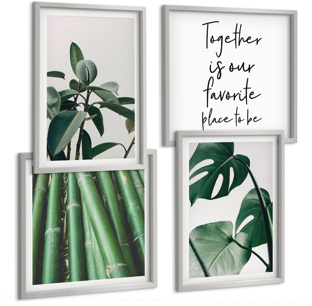 TULUP 4-Delige Schilderij Set - Inscriptie op bamboestengels en Monstera-bladeren - 40 x 40 cm en 40 x 60 cm - Schilderijen Set - Wanddecoratie - Woonkamer - Muurdecoratie Zilveren lijst