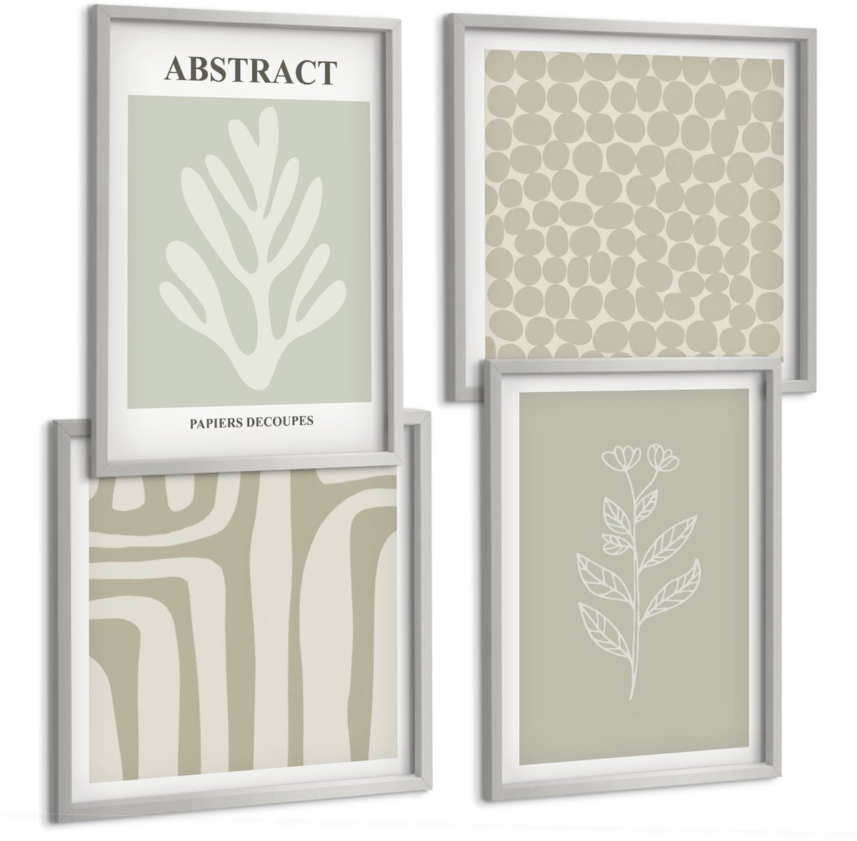 TULUP 4-Delige Schilderij Set - Plantaardige en geometrische patronen in ingetogen kleuren. - 40 x 40 cm en 40 x 60 cm - Moderne Wanddecoratie - Slaapkamer - Decoratieve Schilderijen Zilveren lijst