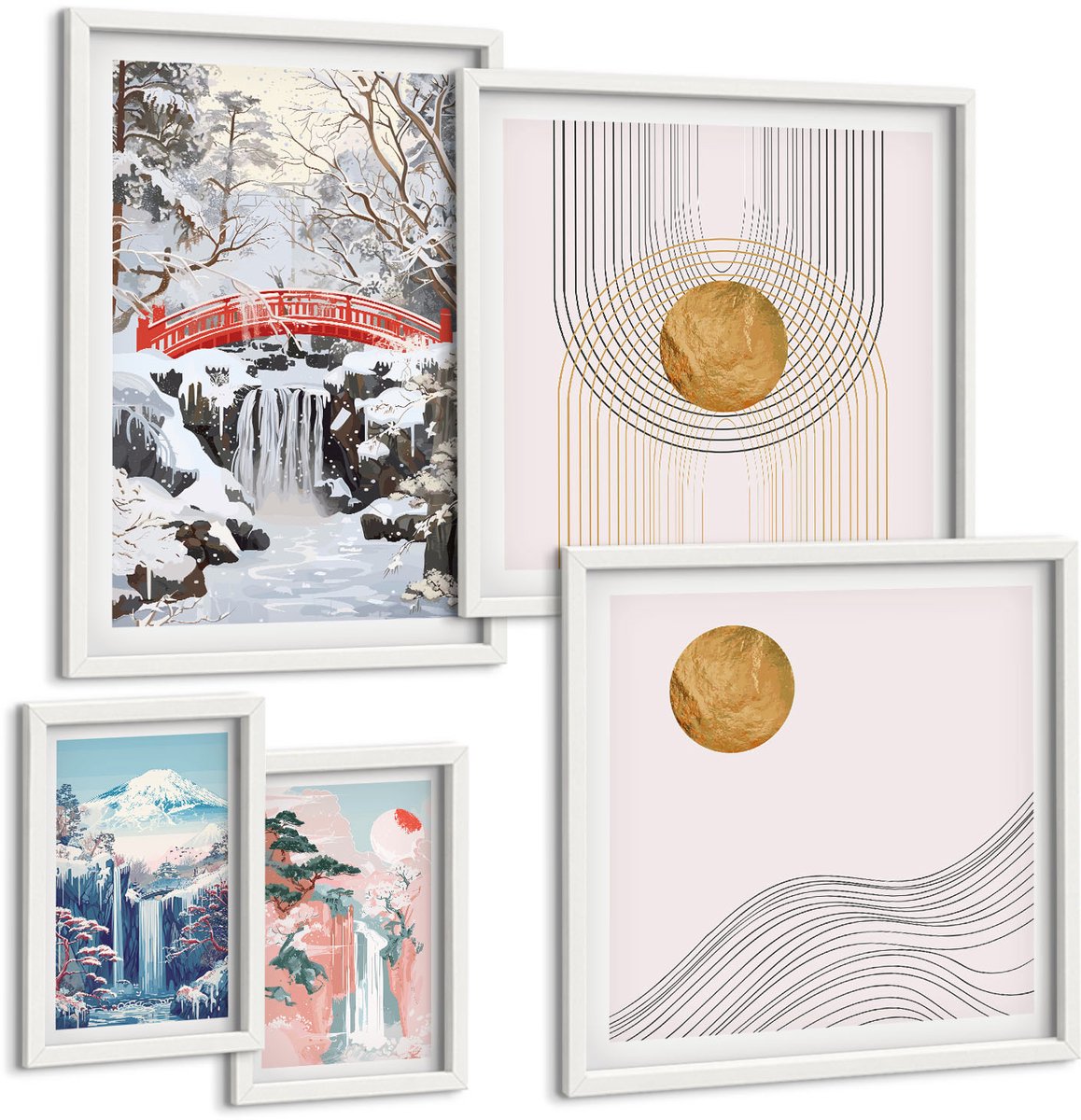 Tulup 4-Delige Schilderij Set - Landschappen met watervallen en bruggen in Japanse stijl. - 50 x 50 cm, 20 x 30 cm en 40 x 60 cm - Decoratieve Schilderijen - Wanddecoratie - Hal