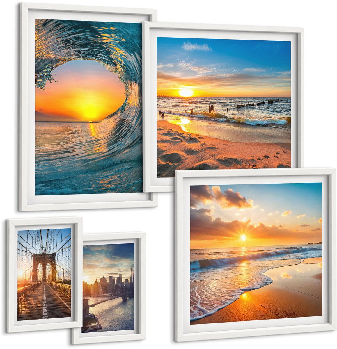 Tulup 4-Delige Schilderij Set - Uitzicht op zee, zonsondergangen en stadsbruggen - 50 x 50 cm, 20 x 30 cm en 40 x 60 cm - Stijlvolle Muurdecoratie - Kantoor
