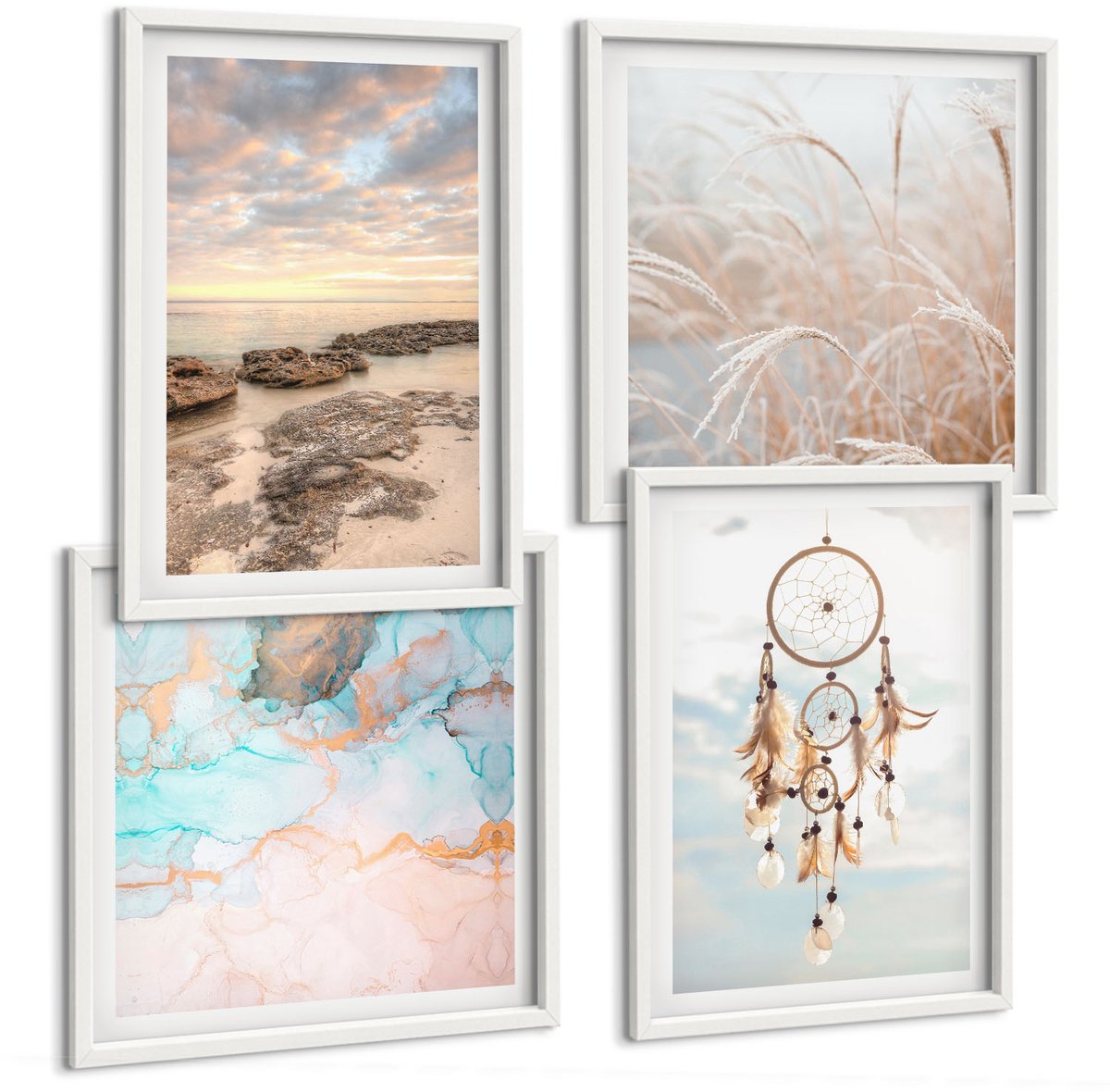 Tulup 4-Delige Schilderij Set - Zeezicht met wolken, dromenvanger en gras - 40x40 en 40x60 - Wanddecoratie - Muurdecoratie - Moderne Interieurdecoratie - Moderne Wanddecoratie