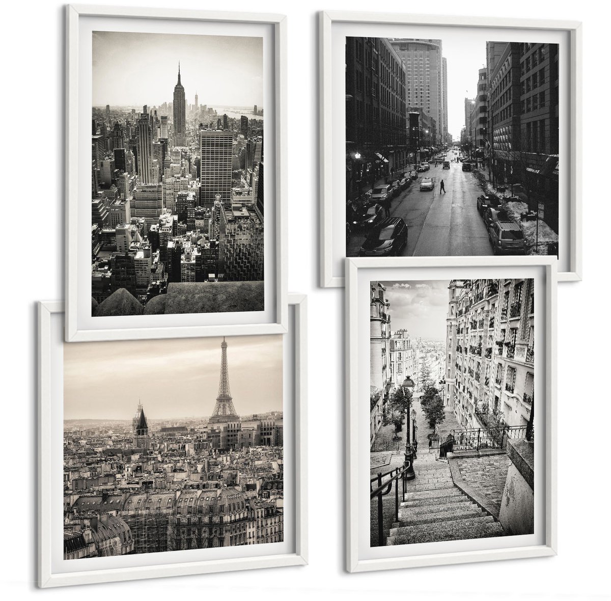 Tulup 4-Delige Schilderij Set - Stadsgezichten Parijs New York en charmante trappen - 40x40 en 40x60 - Decoratieve Schilderijen - Woonkamer - Interieur - Interieur Decoratie