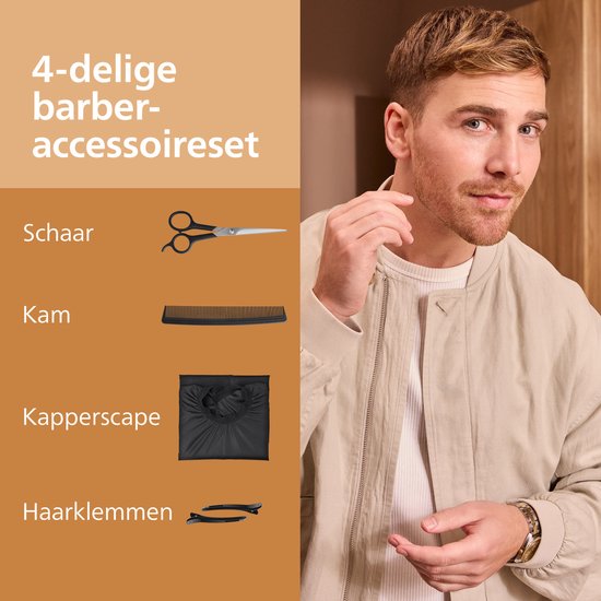 4-delige barber-accessoireset met schaar, kam, kapperscape en haarklemmen, naast een man in een beige bomberjack.
