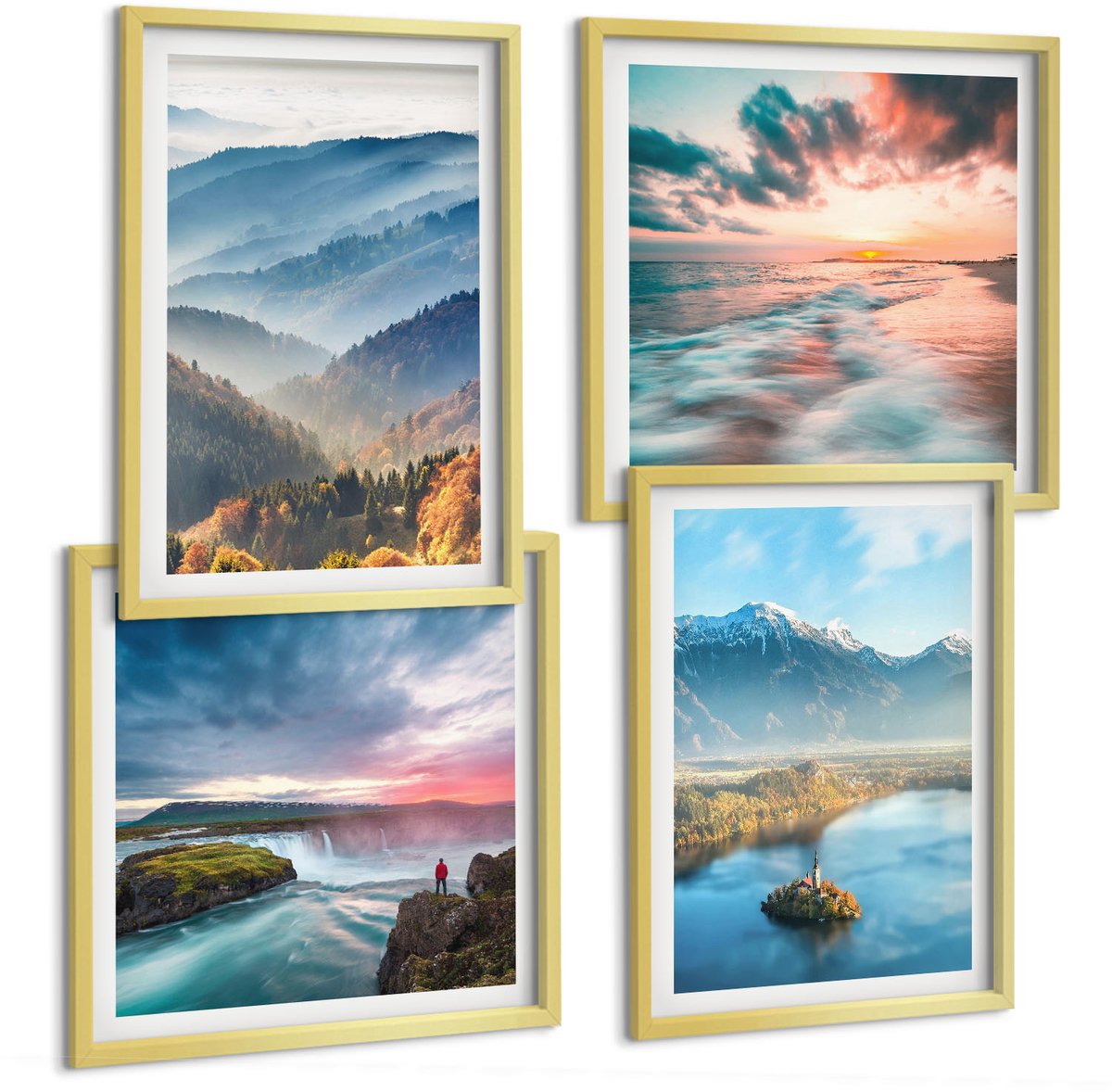 TULUP 4-Delige Schilderij Set - Schilderachtige berglandschappen en watervallen in de natuur. - 40 x 40 cm en 40 x 60 cm - Moderne Wanddecoratie - Woonkamer gouden lijst