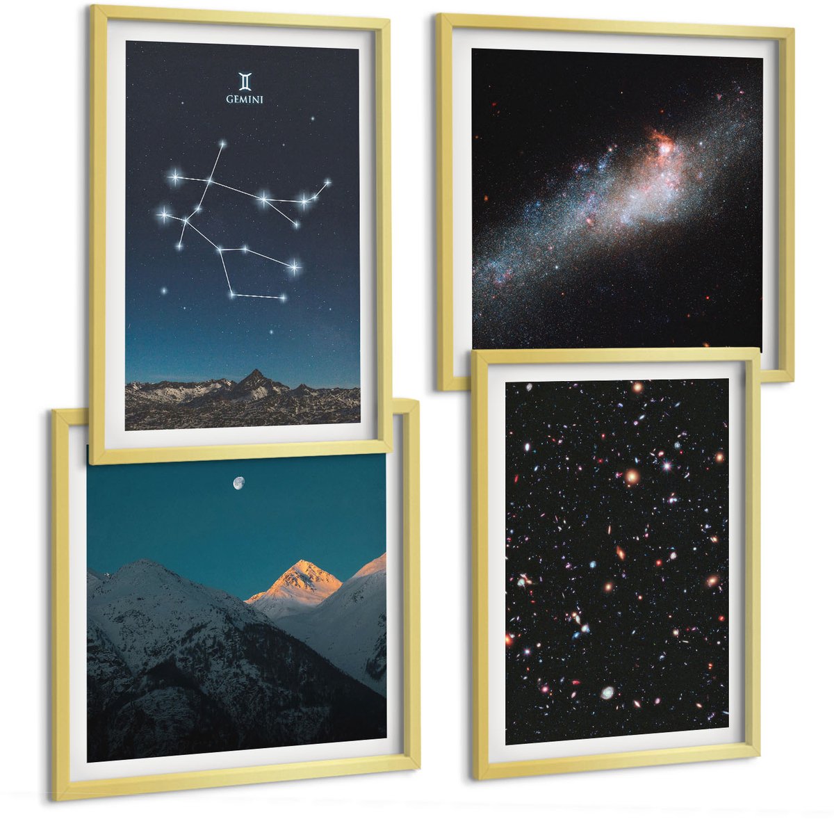 TULUP 4-Delige Schilderij Set - Sterrenbeeld Tweelingen (Gemini) Melkwegstelsel Ruimte Sterren - 40 x 40 cm en 40 x 60 cm - Muurdecoratie - Wanddecoratie - Slaapkamer - Woonkamer Decoratie Gouden lijst