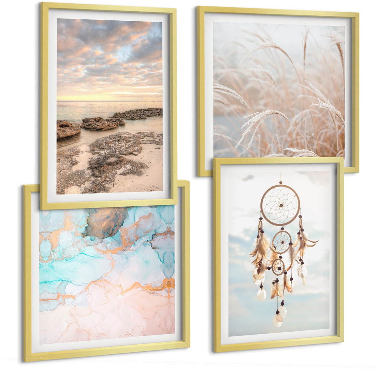 TULUP 4-Delige Schilderij Set - Zeezicht met wolken, dromenvanger en gras - 40 x 40 cm en 40 x 60 cm - Wanddecoratie - Muurdecoratie - Moderne Interieurdecoratie - Stijlvolle Muurdecoratie Gouden lijst