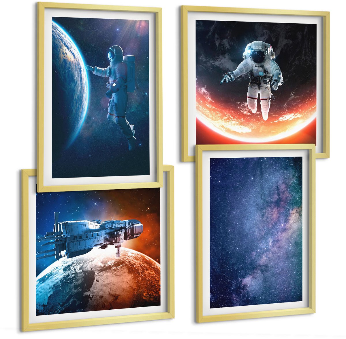 TULUP 4-Delige Schilderij Set - Uitzichten vanuit de ruimte: Astronauten in de sterren - 40 x 40 cm en 40 x 60 cm - Wanddecoratie - Muurdecoratie - Moderne Interieurdecoratie - Stijlvolle Muurdecoratie Gouden lijst