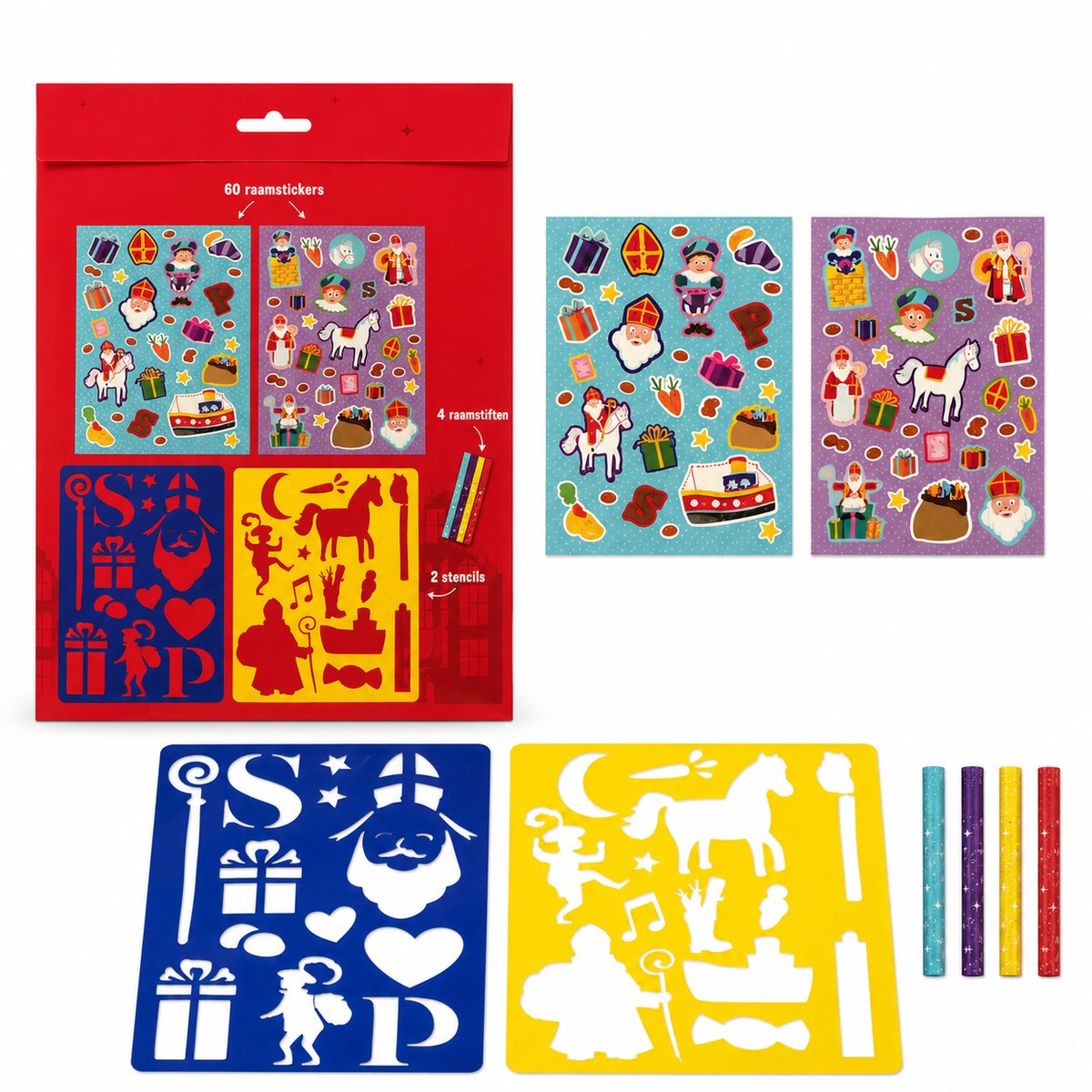 Sinterklaas Raamdecoratie Set – 60 Raamstickers – 4 Raamstiften – 2 Stencils – Herbruikbaar – Knutselset Feestartikel