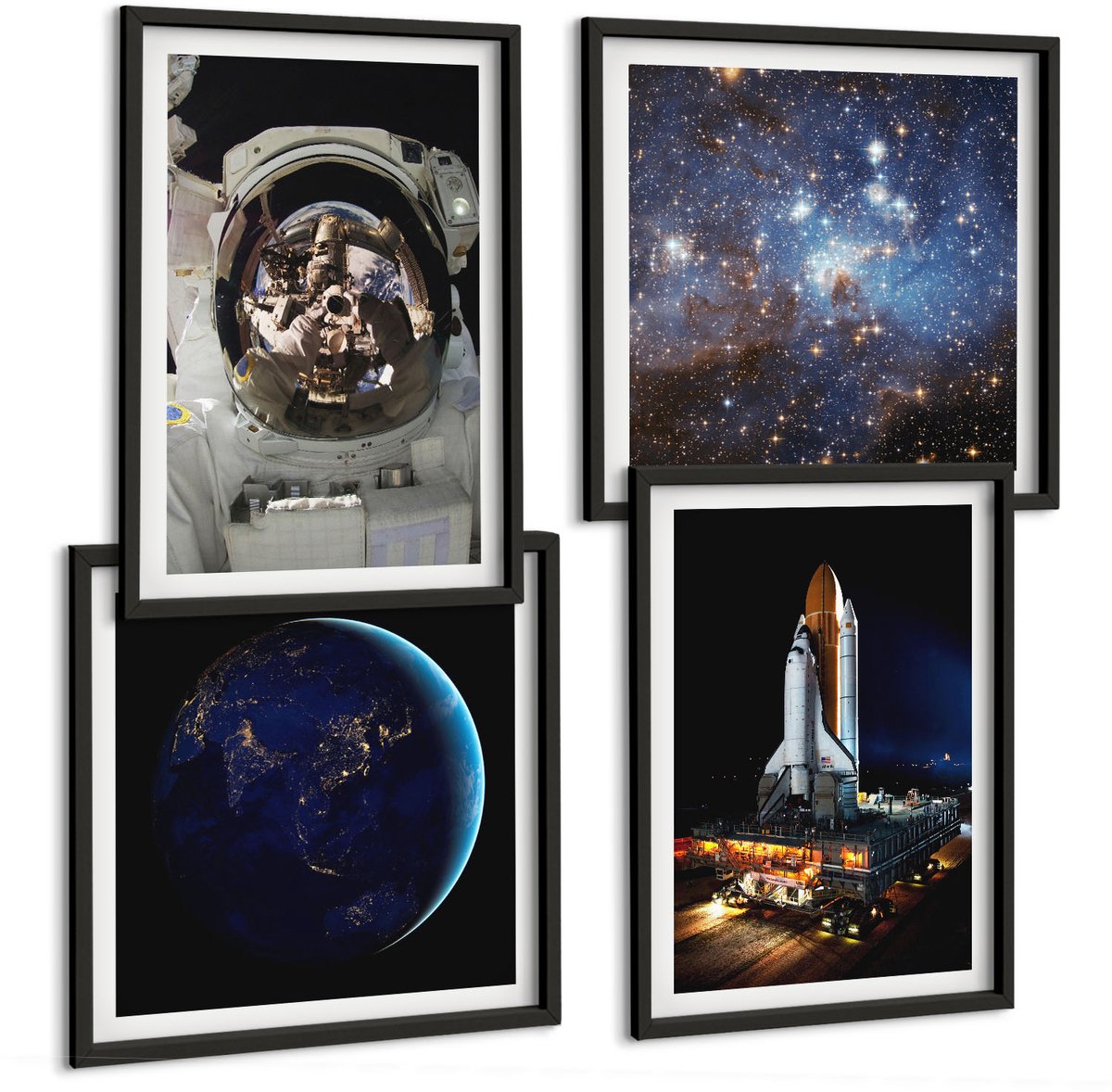 Tulup 4-Delige Schilderij Set - Ruimtebeelden met de aarde, astronaut en raket - 40 x 40 cm en 40 x 60 cm - Decoratieve Schilderijen - Wanddecoratie - Hal - Stijlvolle Muurdecoratie