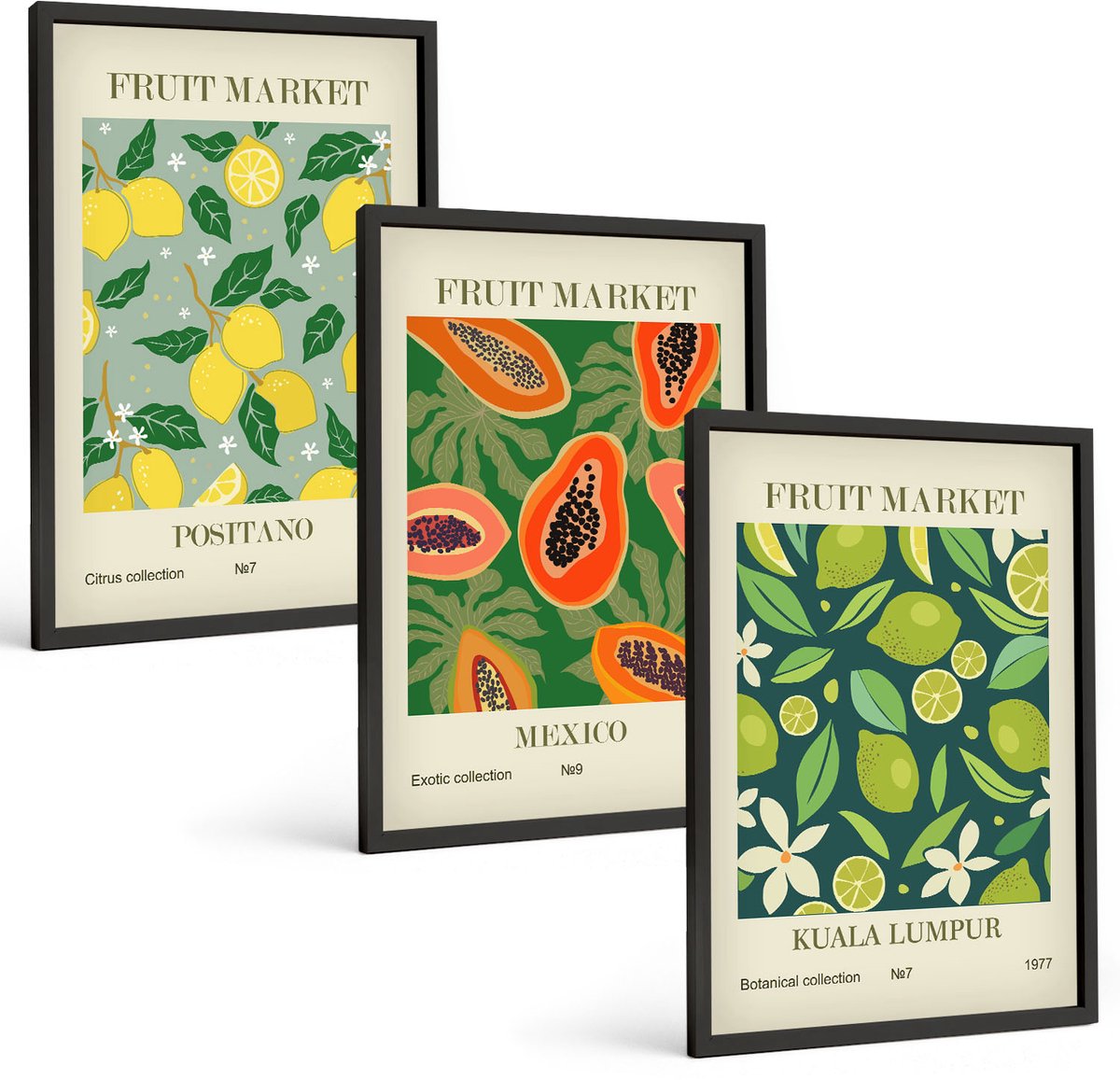 Tulup 4-Delige Schilderij Set - Vruchtpatronen van citroenen, papaja's en limoenen - 40 x 60 cm - Muurdecoratie - Decoratieve Schilderijen - Wohnzimmer - Woonkamer Decoratie