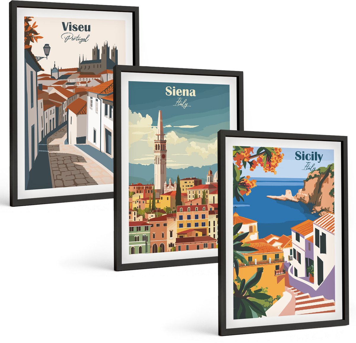 Tulup 4-Delige Schilderij Set - Retro-illustraties van beroemde steden over de hele wereld - 40 x 60 cm - Decoratieve Muurdecoratie - Slaapkamer - Moderne Wanddecoratie