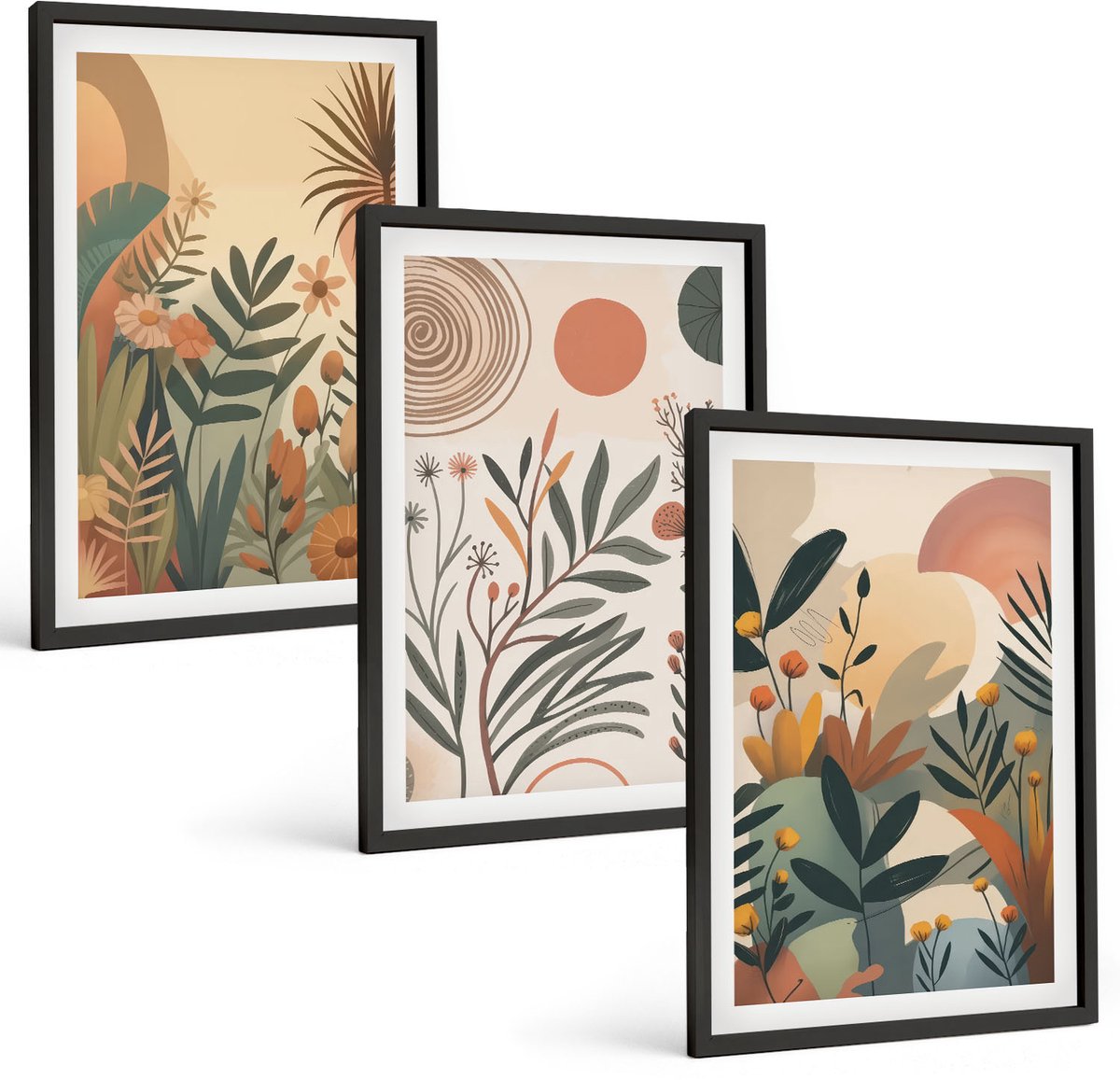 Tulup 4-Delige Schilderij Set - Plantmotieven in gedempte kleuren met cirkels. - 40 x 60 cm - Moderne Wanddecoratie - Slaapkamer - Stijlvolle Muurdecoratie