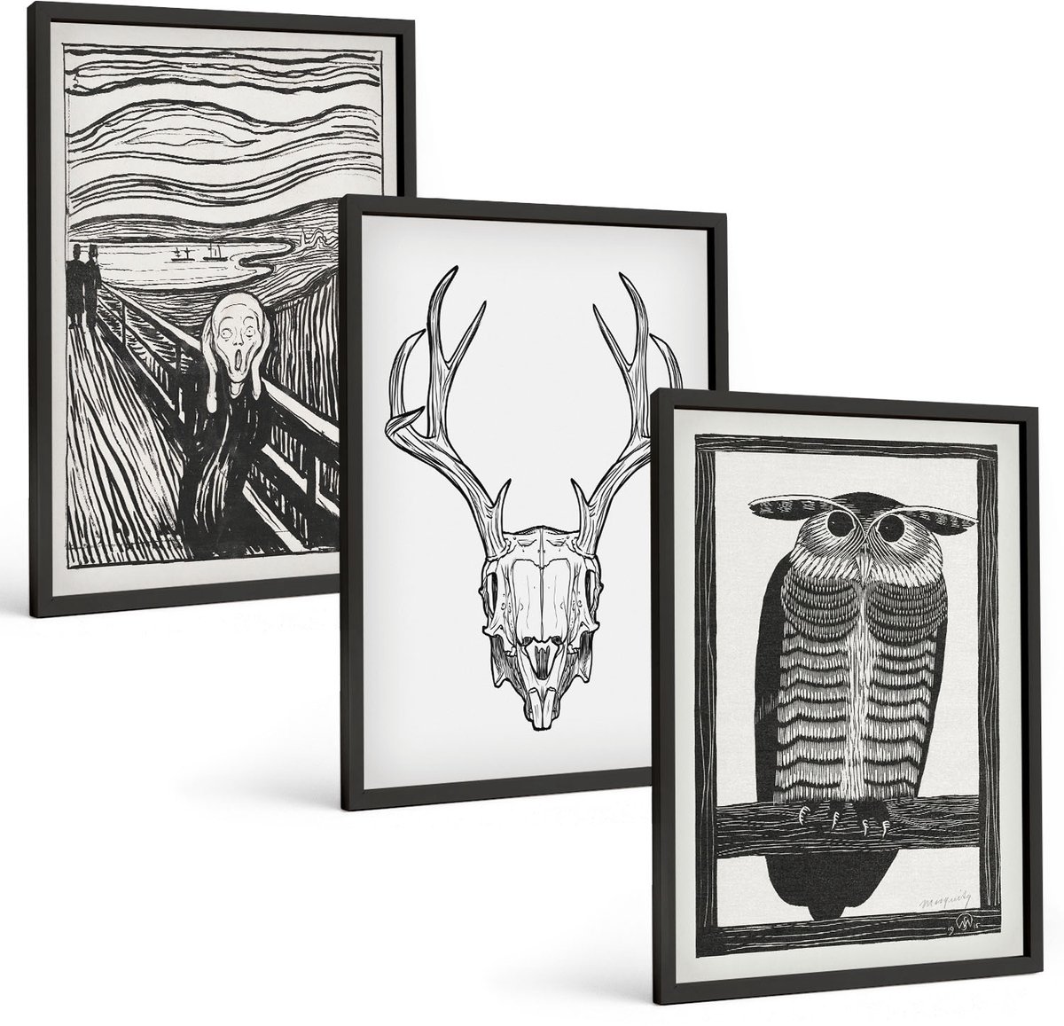 Tulup 4-Delige Schilderij Set - Inspiratiebeeld: Schreeuw met schedel en uil in grafische stijl - 40 x 60 cm - Stijlvolle Wanddecoratie - Interieur - Muurdecoratie