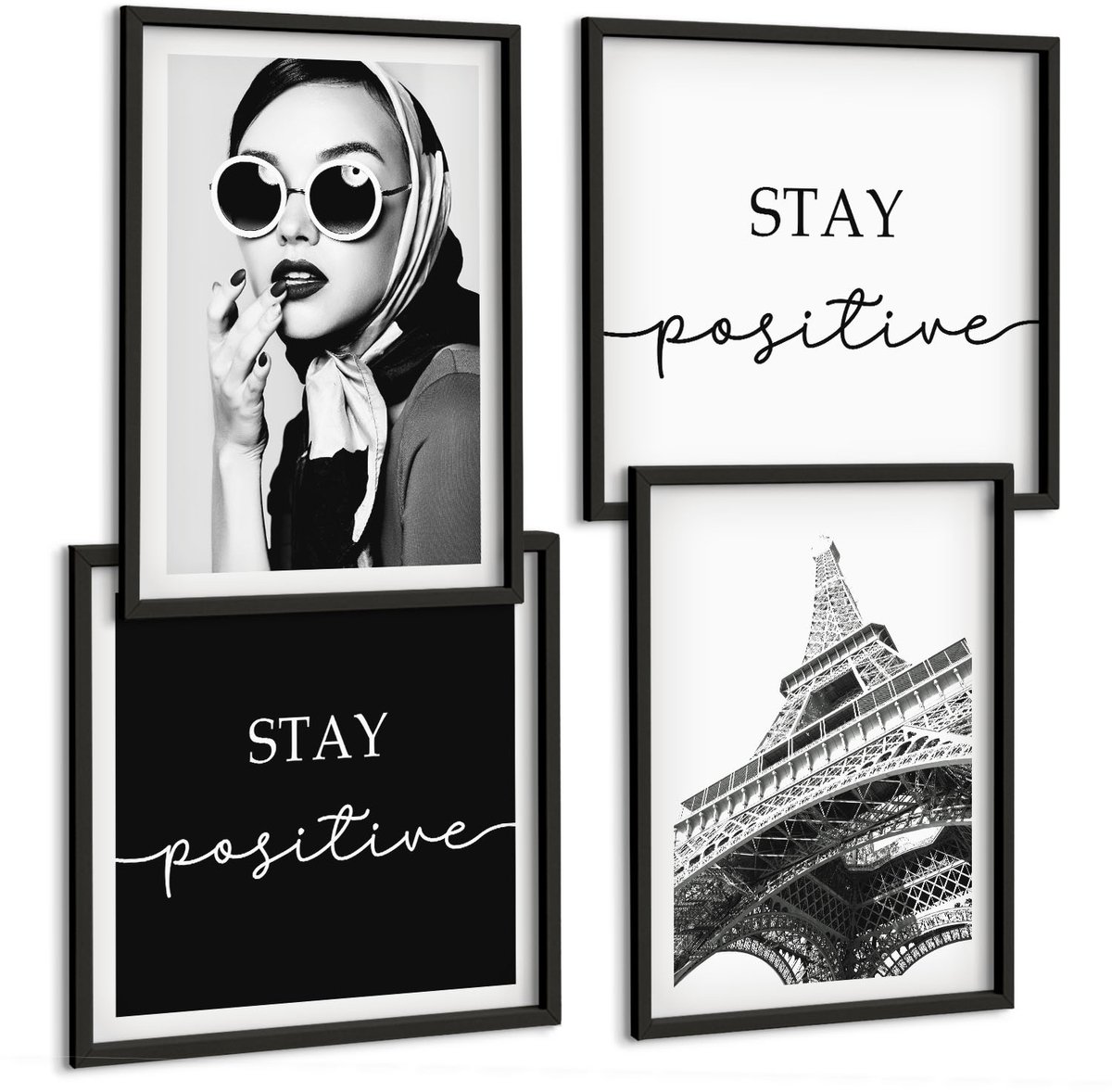 Tulup 4-Delige Schilderij Set - Portretten Franse Eiffeltoren Inspirerende slogans - 40 x 40 cm en 40 x 60 cm - Decoratieve Schilderijen - Woonkamer - Interieur
