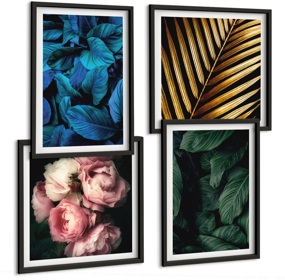Tulup 4-Delige Schilderij Set - Bladeren en bloemen in verschillende kleuren - 40 x 40 cm en 40 x 60 cm - Decoratieve Schilderijen - Wanddecoratie - Hal - Muurdecoratie