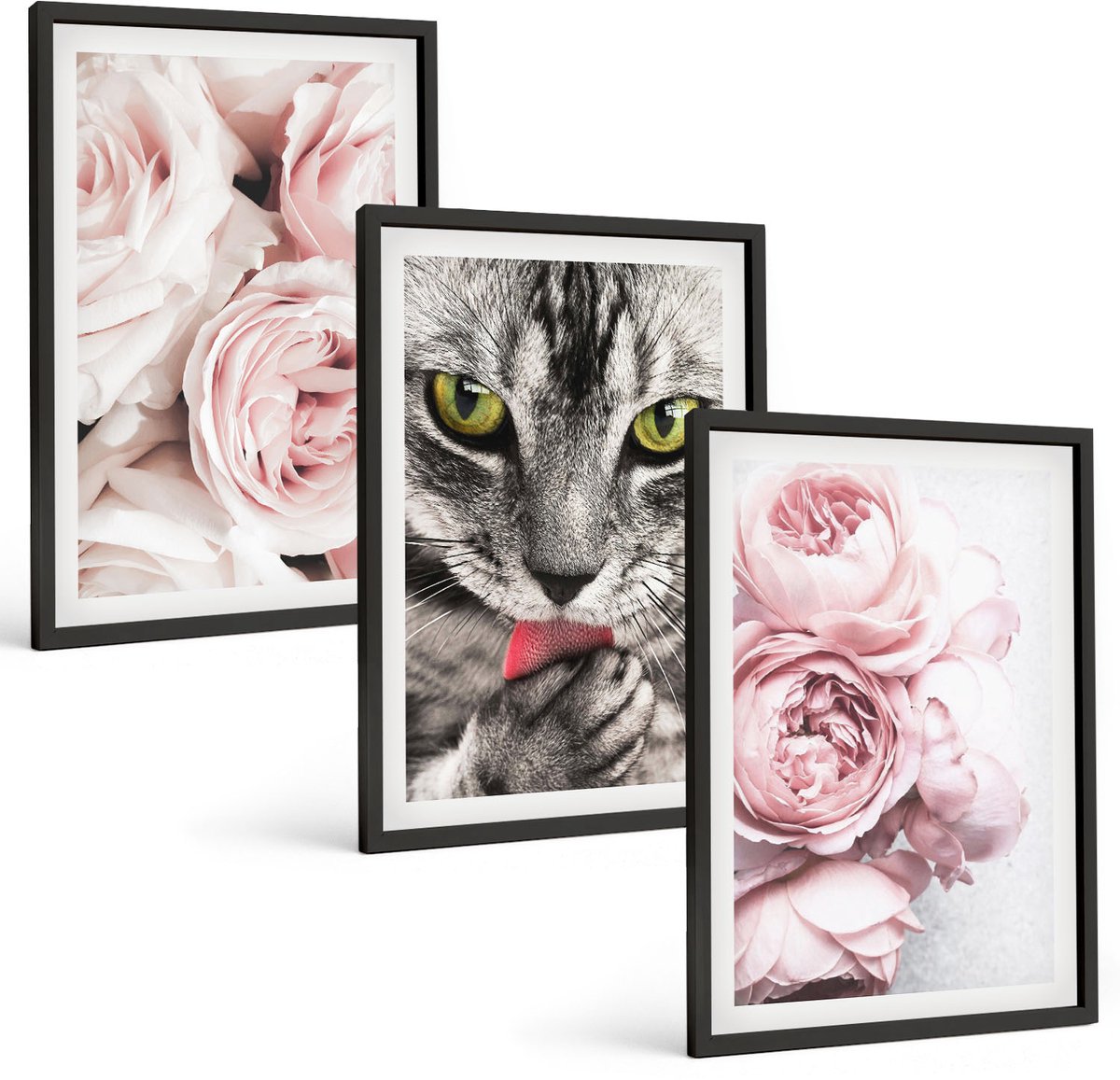 Tulup 4-Delige Schilderij Set - Kat tussen roze rozen en pioenrozen - 40 x 60 cm - Muurdecoratie - Schilderijen Set - Woonkamer - Decoratieve Schilderijen