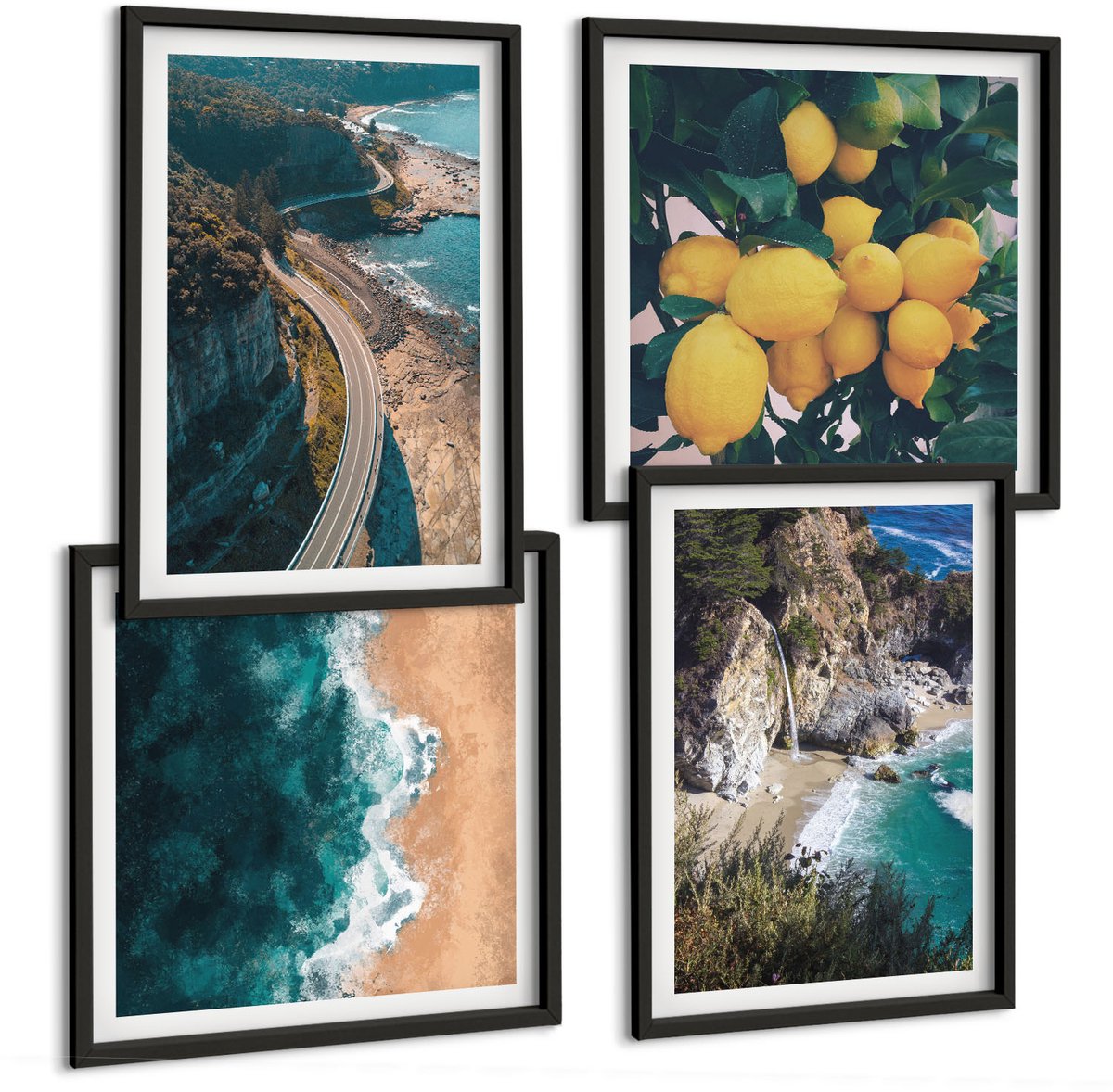 Tulup 4-Delige Schilderij Set - Zeestrand Citroenen Berglandschap Kustweg - 40 x 40 cm en 40 x 60 cm - Muurdecoratie - Wanddecoratie - Hal - Decoratieve Schilderijen