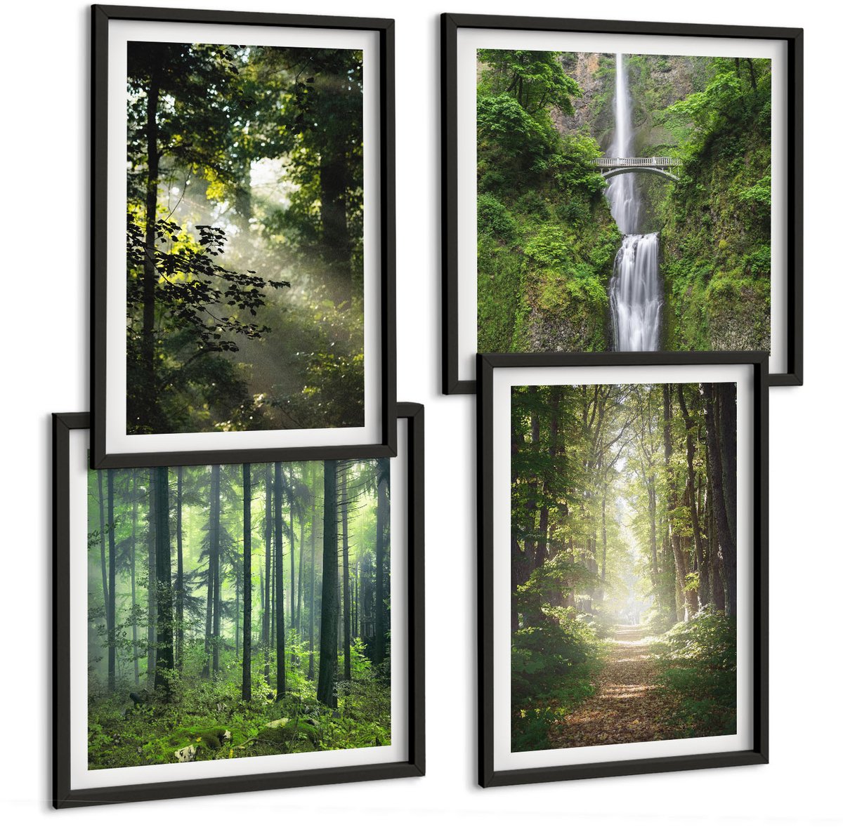 Tulup 4-Delige Schilderij Set - Groene bossen met zonnestralen en een bospad - 40 x 40 cm en 40 x 60 cm - Moderne Wanddecoratie - Woonkamer - Muurdecoratie