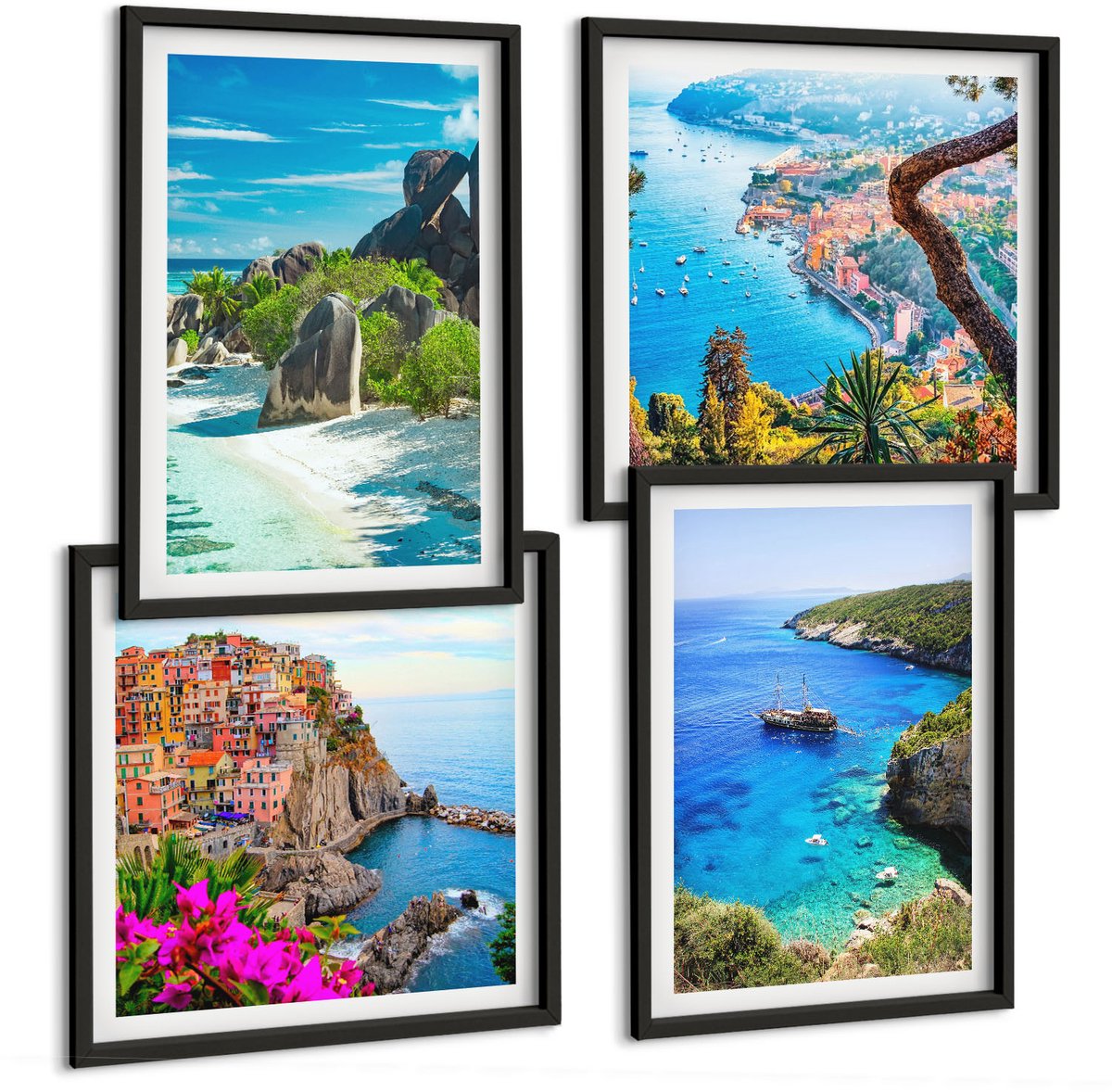 Tulup 4-Delige Schilderij Set - Uitzicht op zee met palmbomen en blauw water - 40 x 40 cm en 40 x 60 cm - Wanddecoratie - Woonkamer Decoratie - Stijlvolle Muurdecoratie