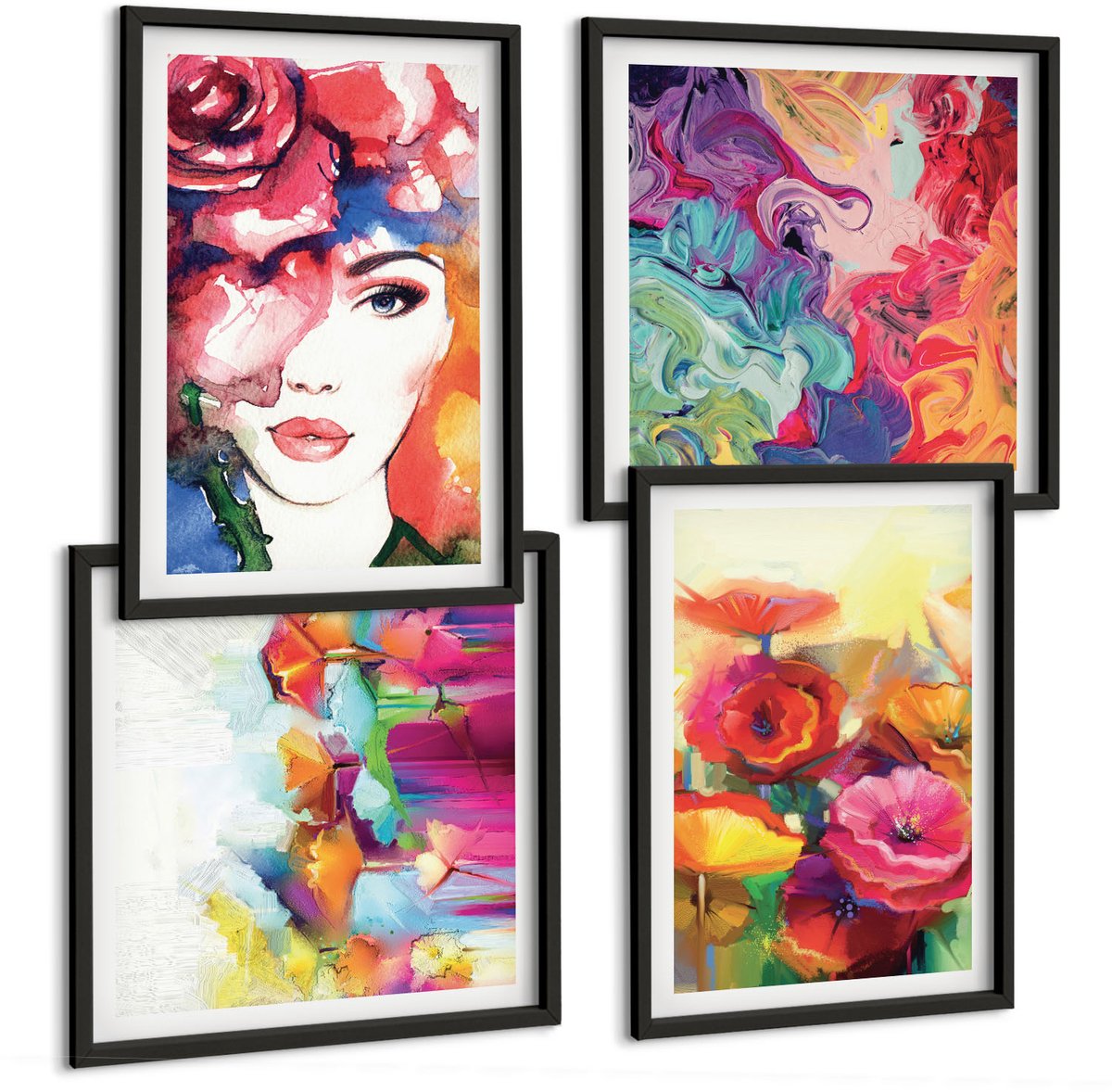 Tulup 4-Delige Schilderij Set - Bloemen in intense kleuren Portret van een vrouw Abstract - 40 x 40 cm en 40 x 60 cm - Moderne Wanddecoratie - Slaapkamer - Stijlvolle Muurdecoratie