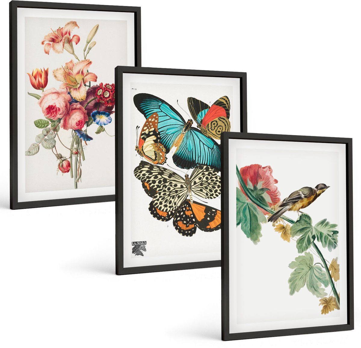 Tulup 4-Delige Schilderij Set - Bloemen, vlinders en vogels in pasteltinten - 40 x 60 cm - Decoratieve Schilderijen - Woonkamer - Interieur - Stijlvolle Muurdecoratie