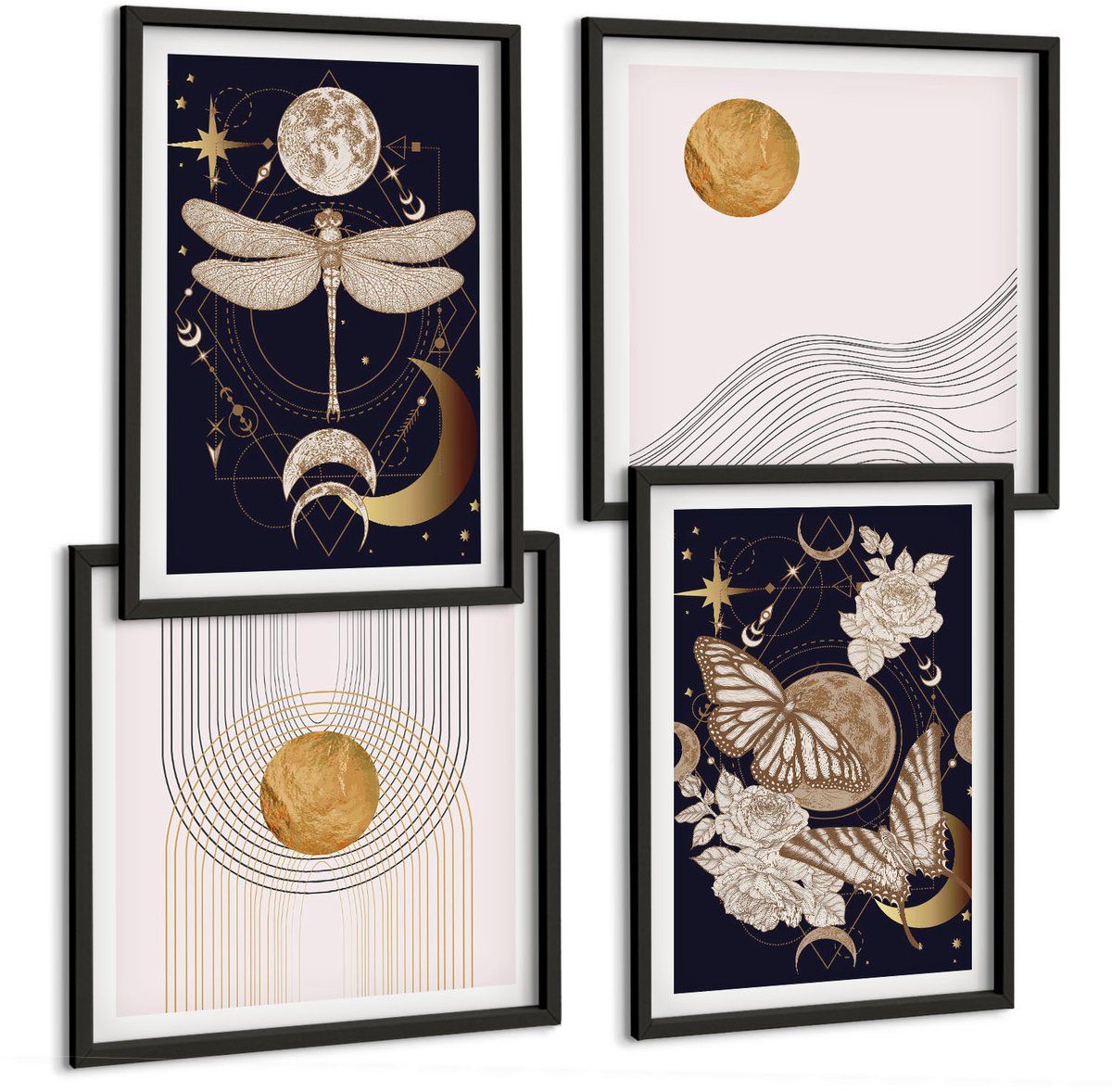 Tulup 4-Delige Schilderij Set - Natuurthema's met de maan, de ruimte en bloemen. - 40 x 40 cm en 40 x 60 cm - Moderne Wanddecoratie - Woonkamer - Woonkamer Decoratie
