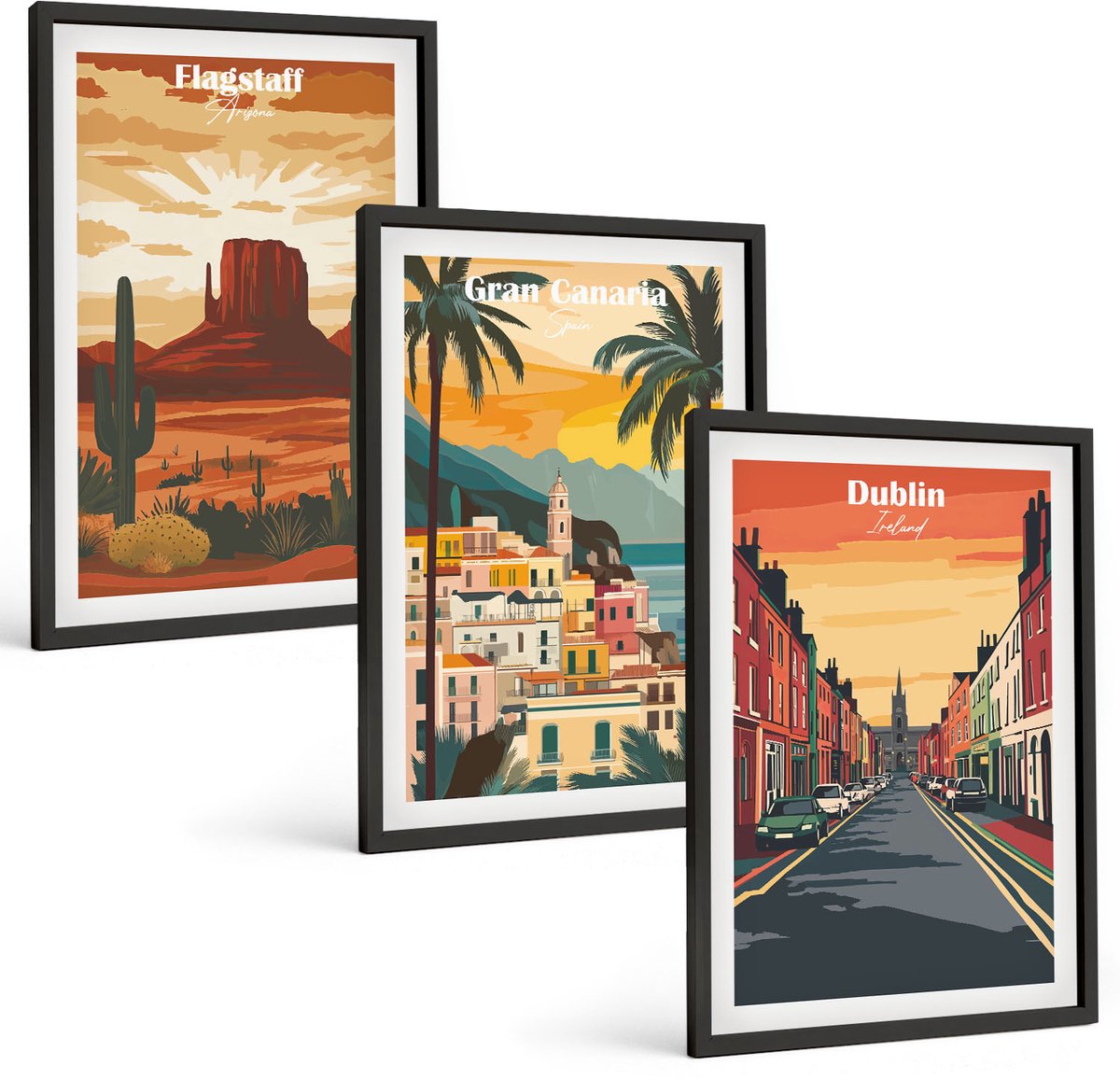 Tulup 4-Delige Schilderij Set - Stads- en natuurlandschappen in warme kleuren - 40 x 60 cm - Muurdecoratie - Wanddecoratie - Hal - Stijlvolle Muurdecoratie