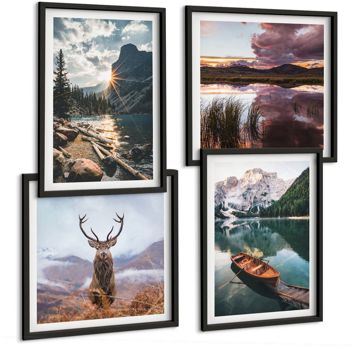 Tulup 4-Delige Schilderij Set - Bergmeer Lodz Zonsondergang Hert in de natuur - 40 x 40 cm en 40 x 60 cm - Muurdecoratie - Interieur Decoratie - Wanddecoratie