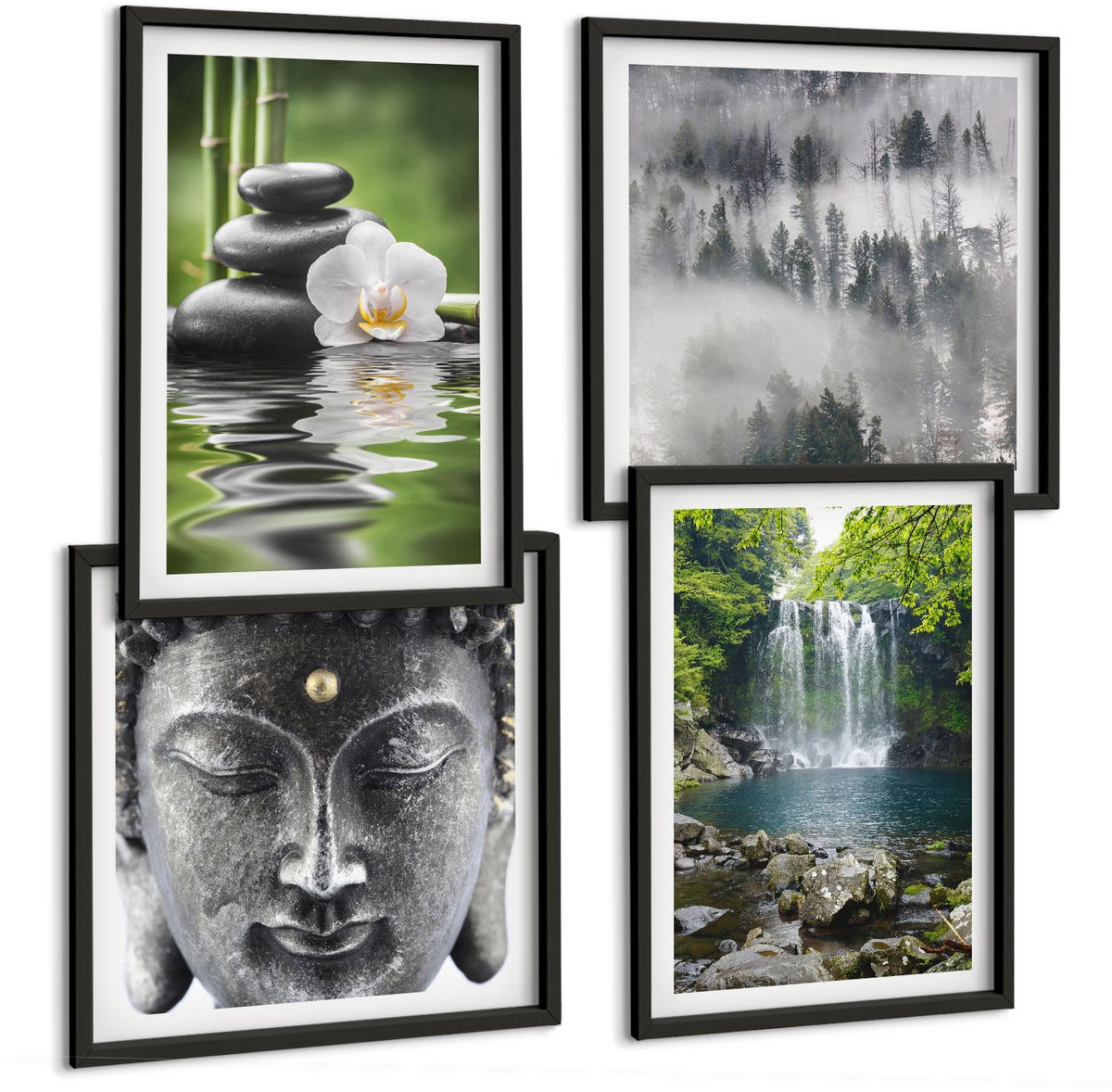 Tulup 4-Delige Schilderij Set - Harmonie van de natuur met stenen, water en Boeddha - 40 x 40 cm en 40 x 60 cm - Decoratieve Muurdecoratie - Slaapkamer