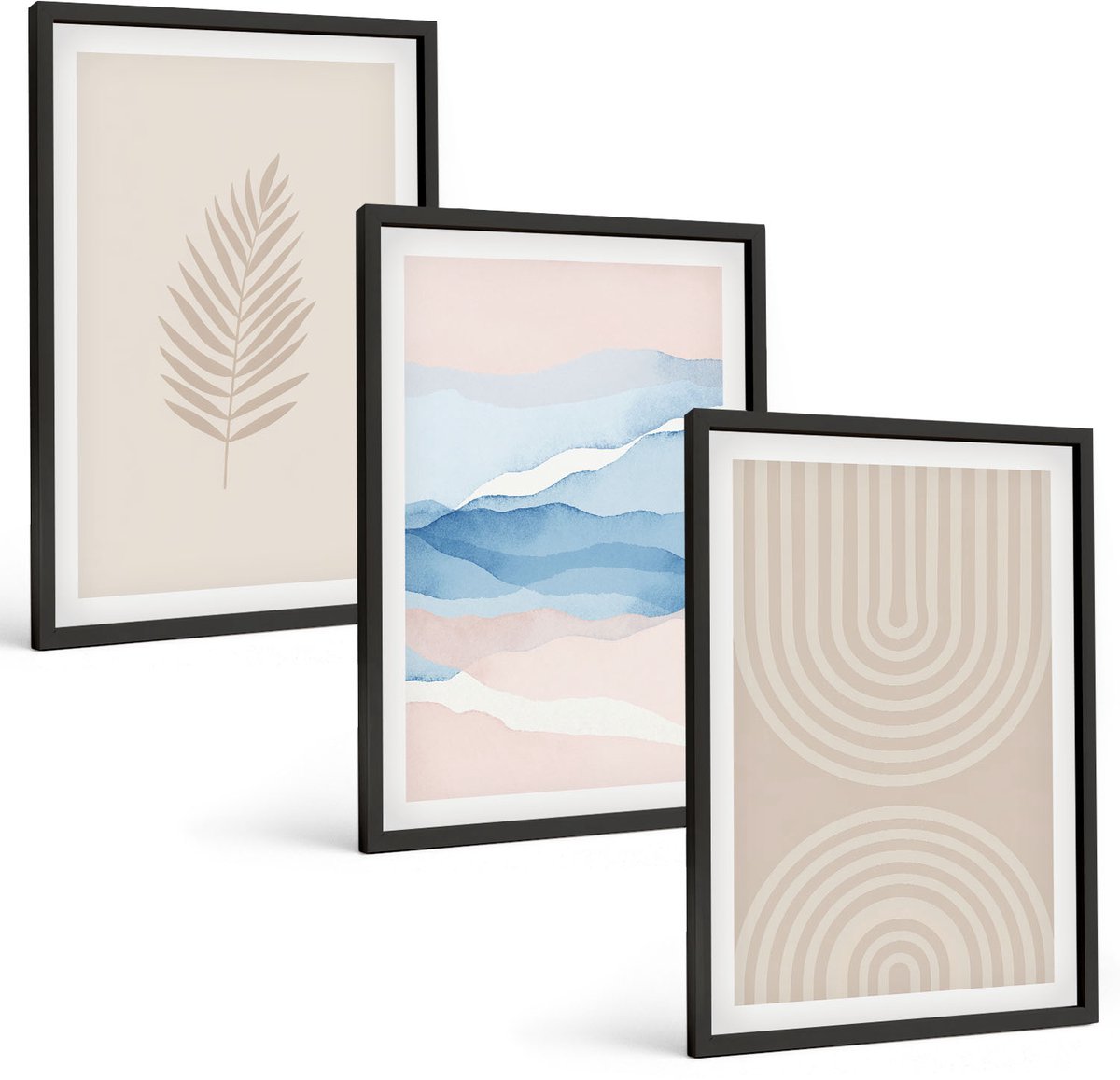 Tulup 4-Delige Schilderij Set - Bladeren en golven in beige en blauwe tinten. - 40 x 60 cm - Wanddecoratie - Woonkamer Decoratie - Stijlvolle Muurdecoratie