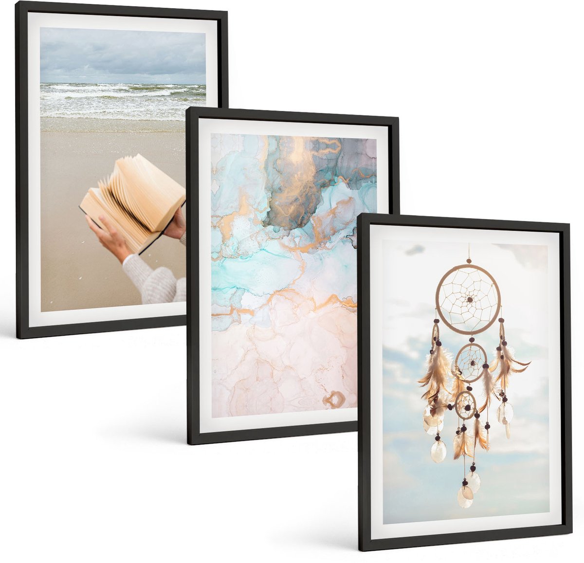 Tulup 4-Delige Schilderij Set - Abstracte zee, leesboek en boho dromenvanger - 40 x 60 cm - Muurdecoratie - Decoratieve Schilderijen - Wohnzimmer - Stijlvolle Muurdecoratie
