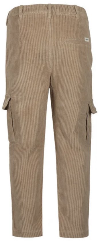 Achterkant beige corduroy cargo broek met zakken