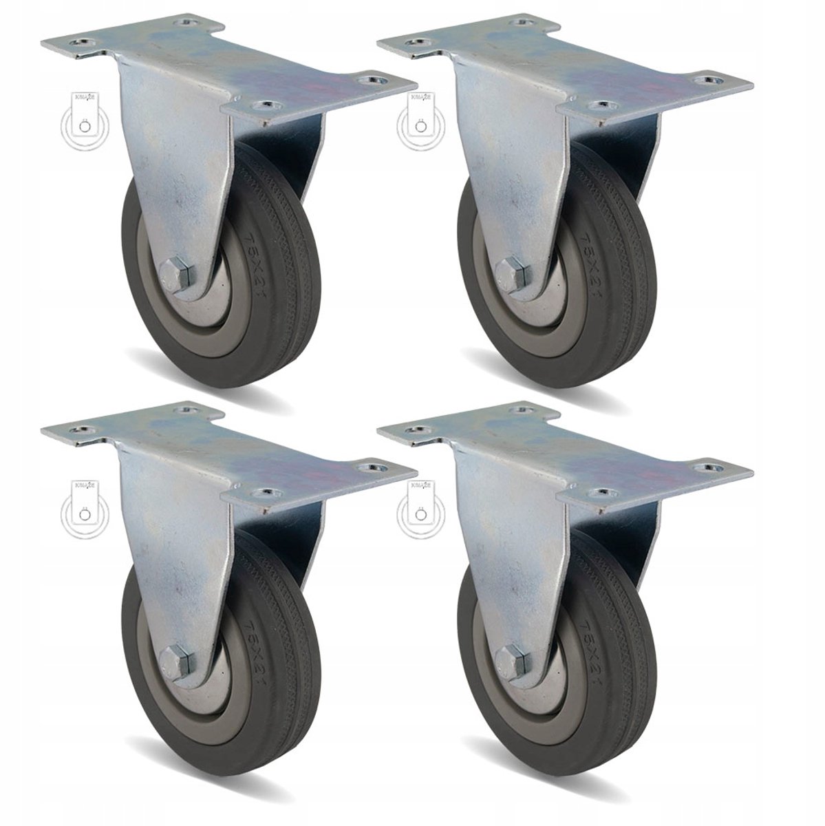4x Zwenkwielen Ø75mm met Rubberband & Kogellager - Max 280kg