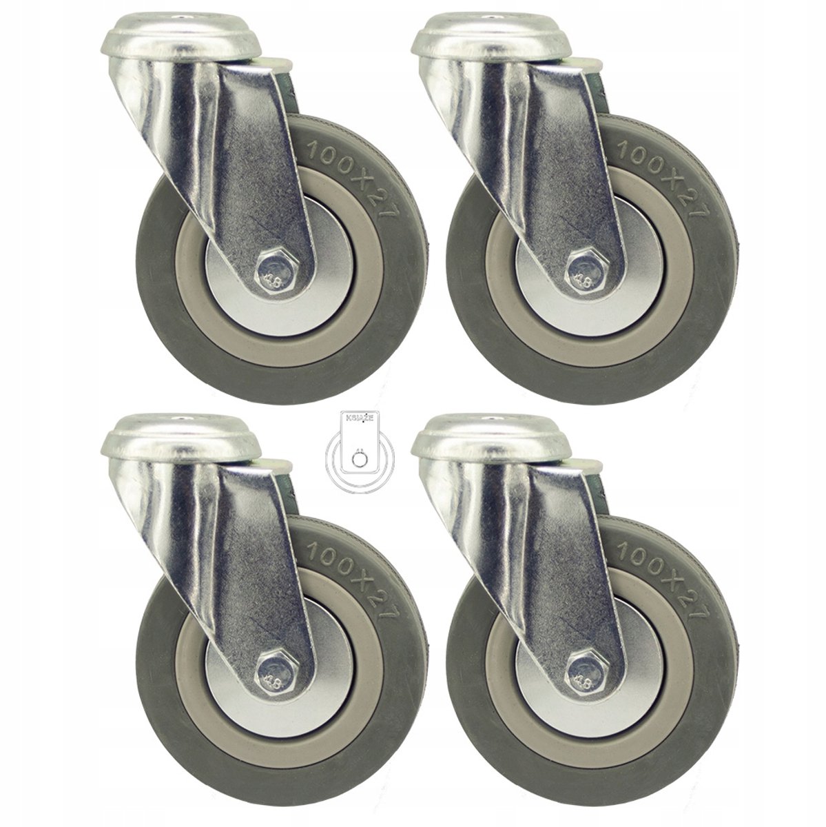 Set van 4 zwenkwielen 100mm met grijze rubberband, merkloos