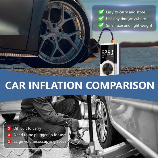 Draagbare luchtcompressor, 150psi inflator ruedas auto, compressor luchtauto, 4000 mAh Fanner Wheels Car met oplaadbare batterij en autoled licht, fietsen, motorfiets van Merkloos — afbeelding 2