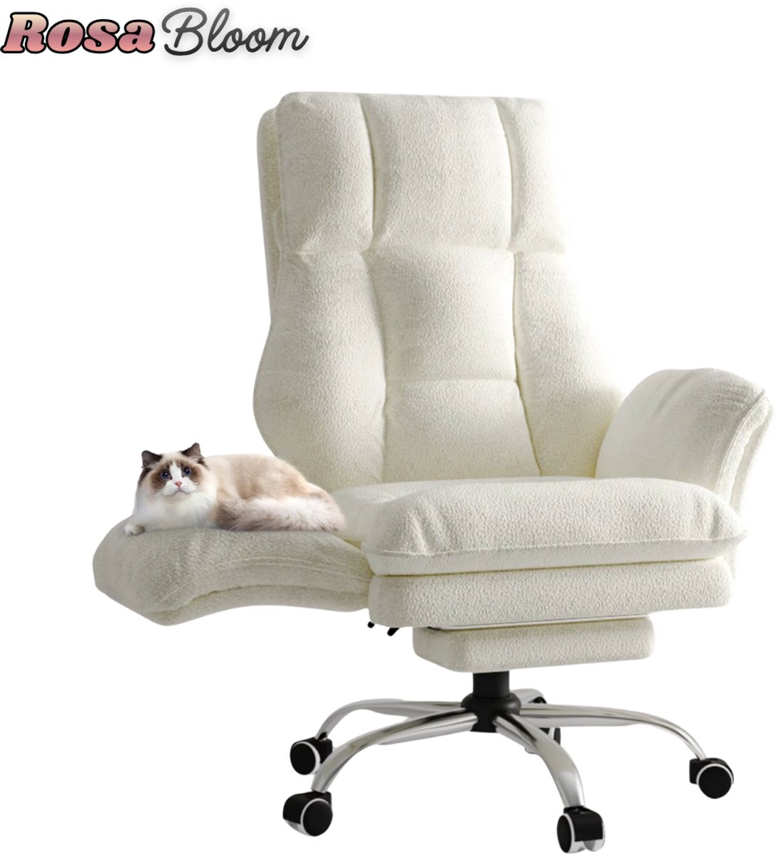 RosaBloom Bureaustoel - Fauteuil - Gamestoel - Wit Teddy Fleece - Opklapbare Armleuningen - Ergonomisch - Grote Zitting - Met Voetensteun